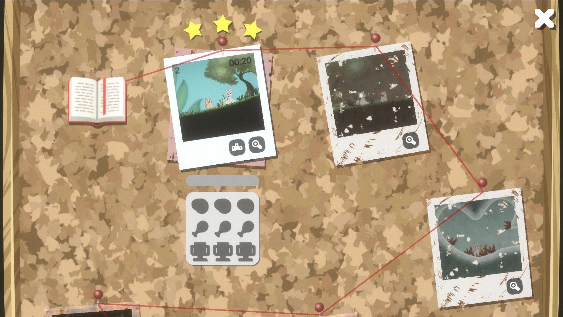 Tongue of Doge: Level selection map with photos, star ratings, and open book on corkboard background