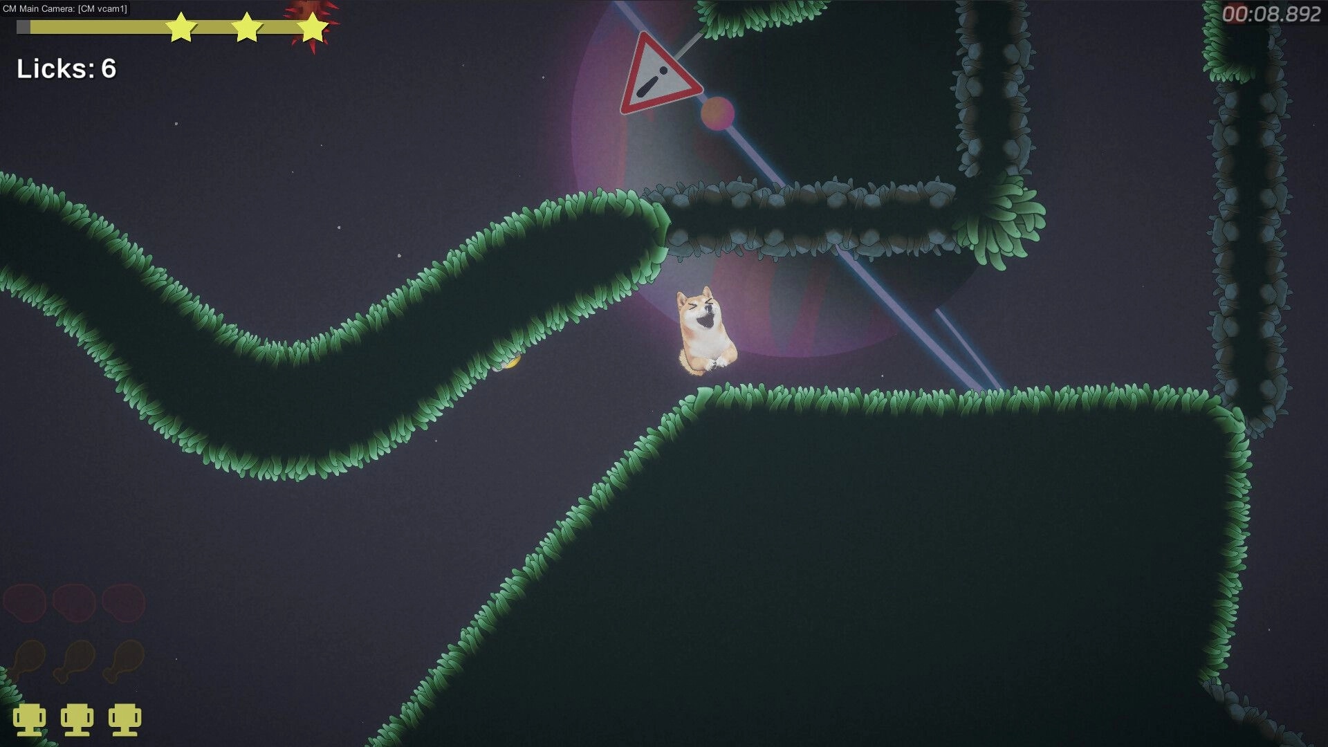 Tongue of Doge: Doge leaps through lush platforms with "Licks: 6" and timer at 00:08.892 in space level.