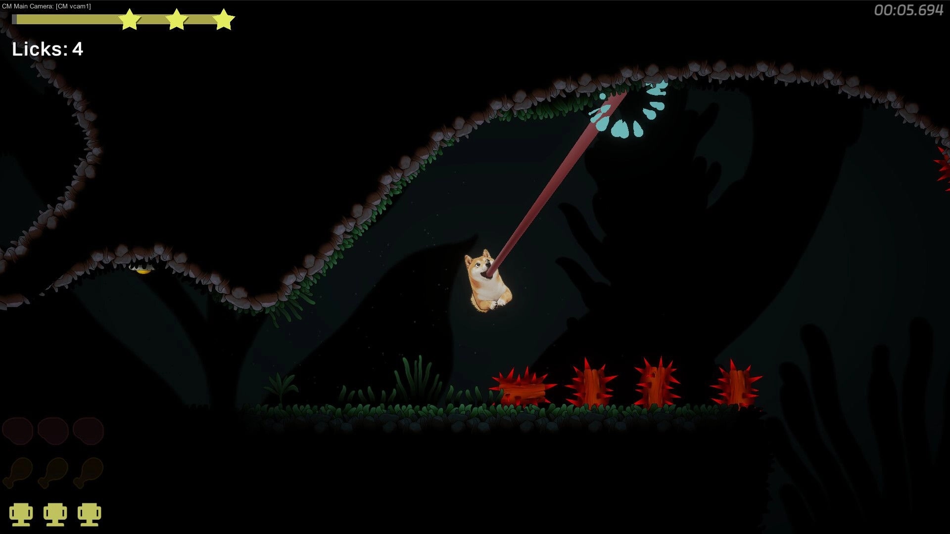 Tongue of Doge: Doge swings with tongue over spiked obstacles in a dark cave, licks count at 4