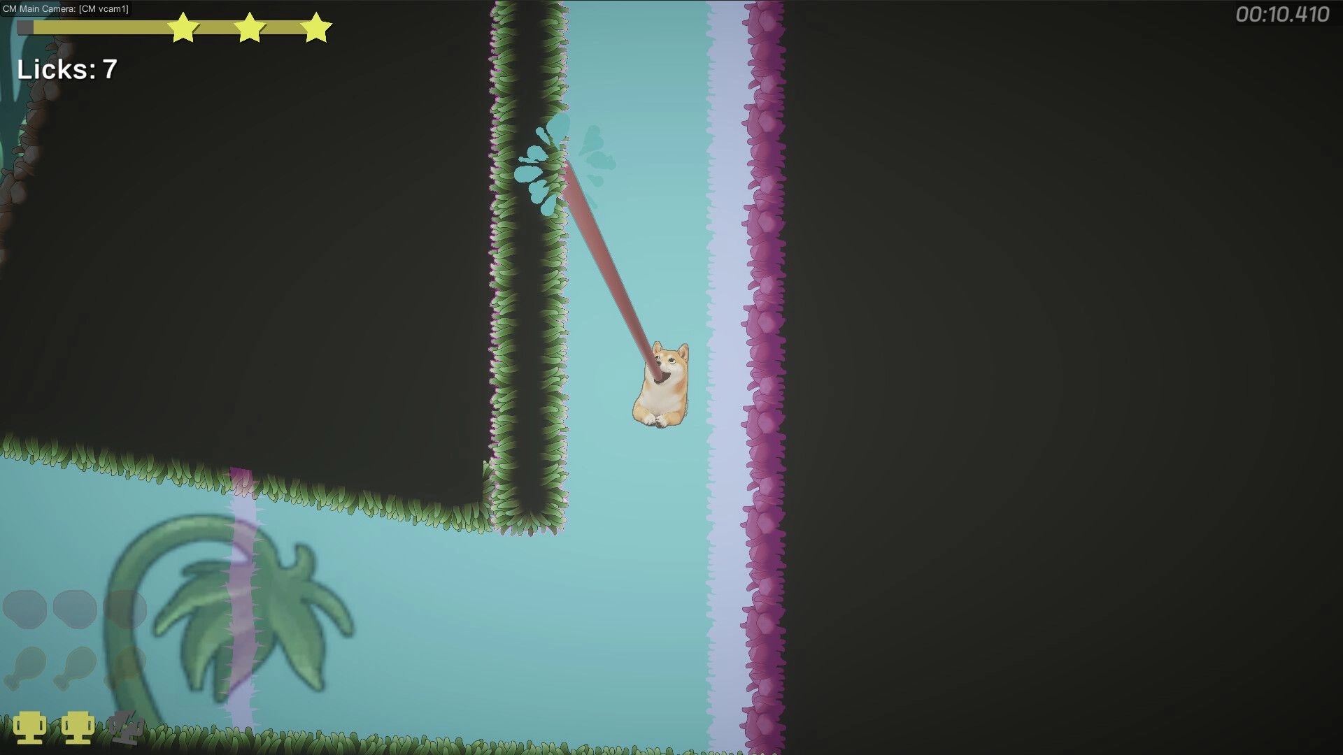 Tongue of Doge: Doge swinging with tongue in a vertical maze, stars and licks counter on screen