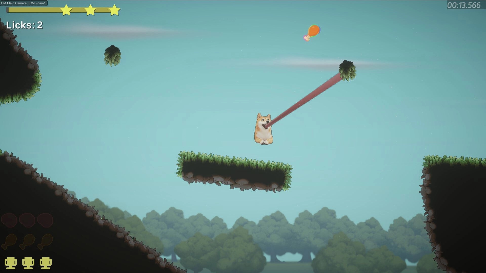 Tongue of Doge: Doge uses tongue to grab meat while jumping between floating platforms in a forest.