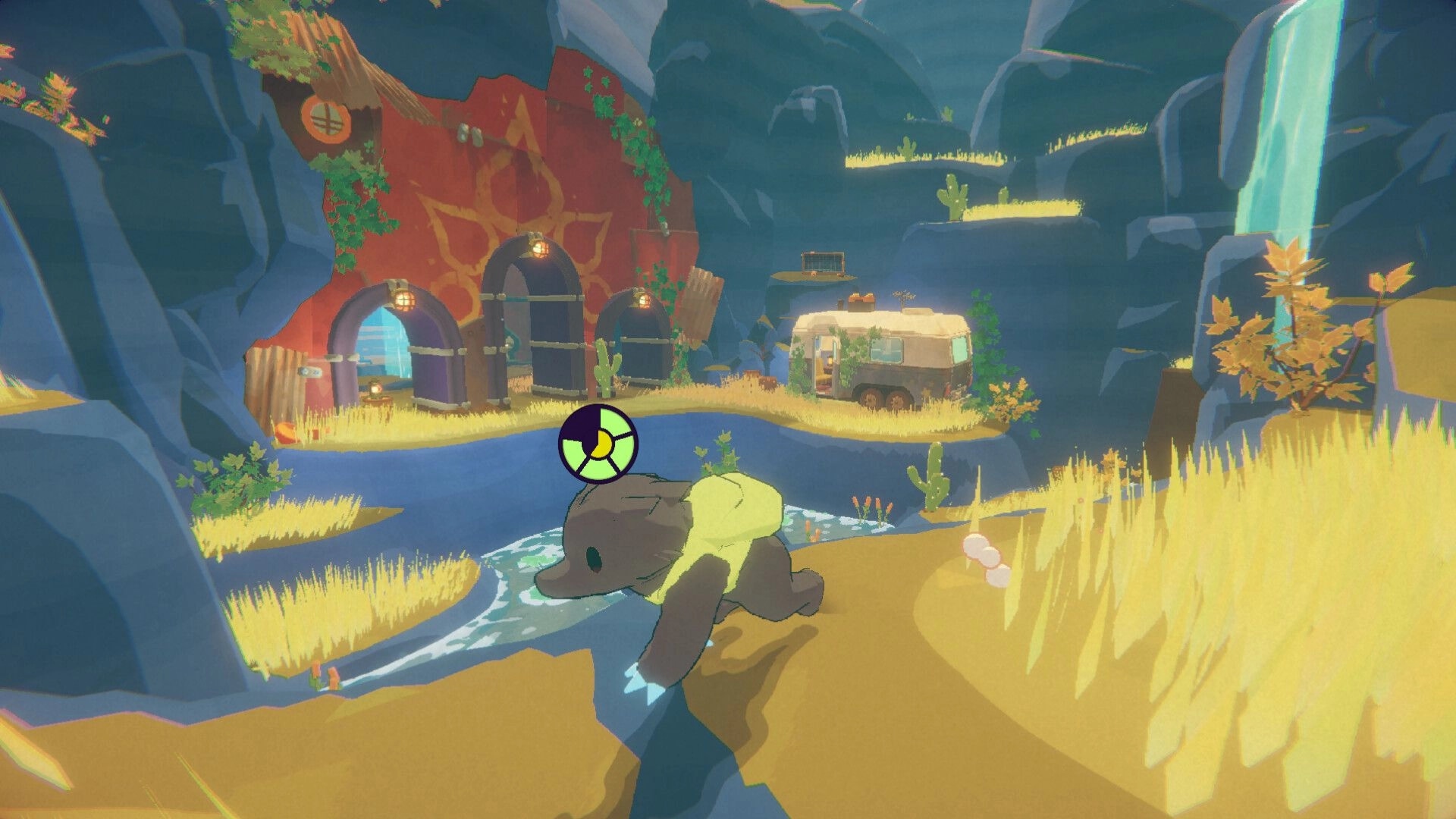 Tony The Mole: Tony crawls by a stream with a hazard icon, near cave doors and a parked trailer.