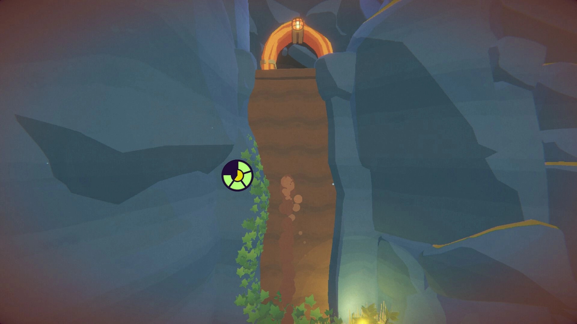 Tony The Mole: Climbing a narrow dirt shaft toward a lit tunnel entrance between rocky cliff walls.