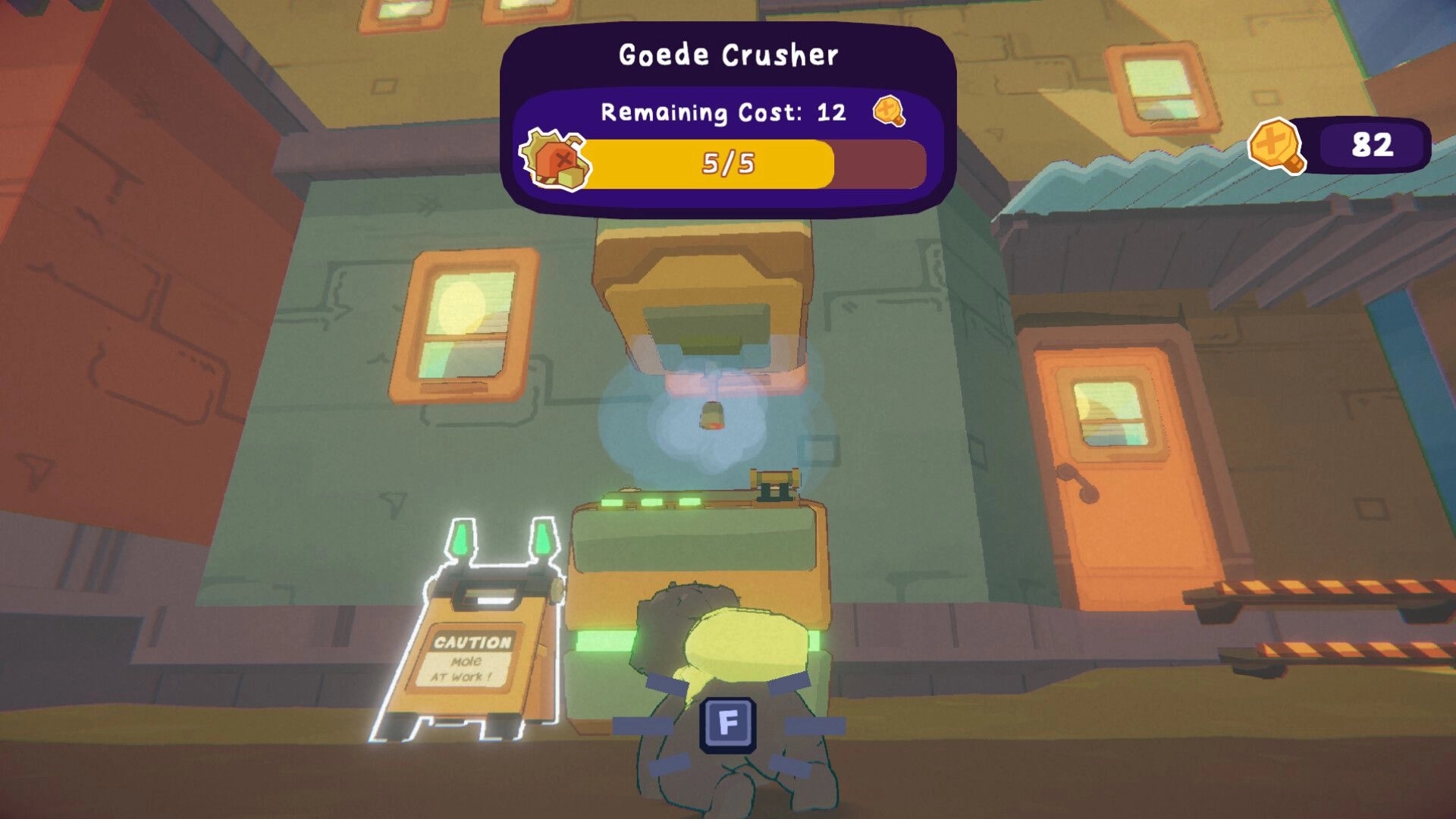 Tony The Mole: Repairing Goede Crusher at a workbench, cost meter and coin total over town street.