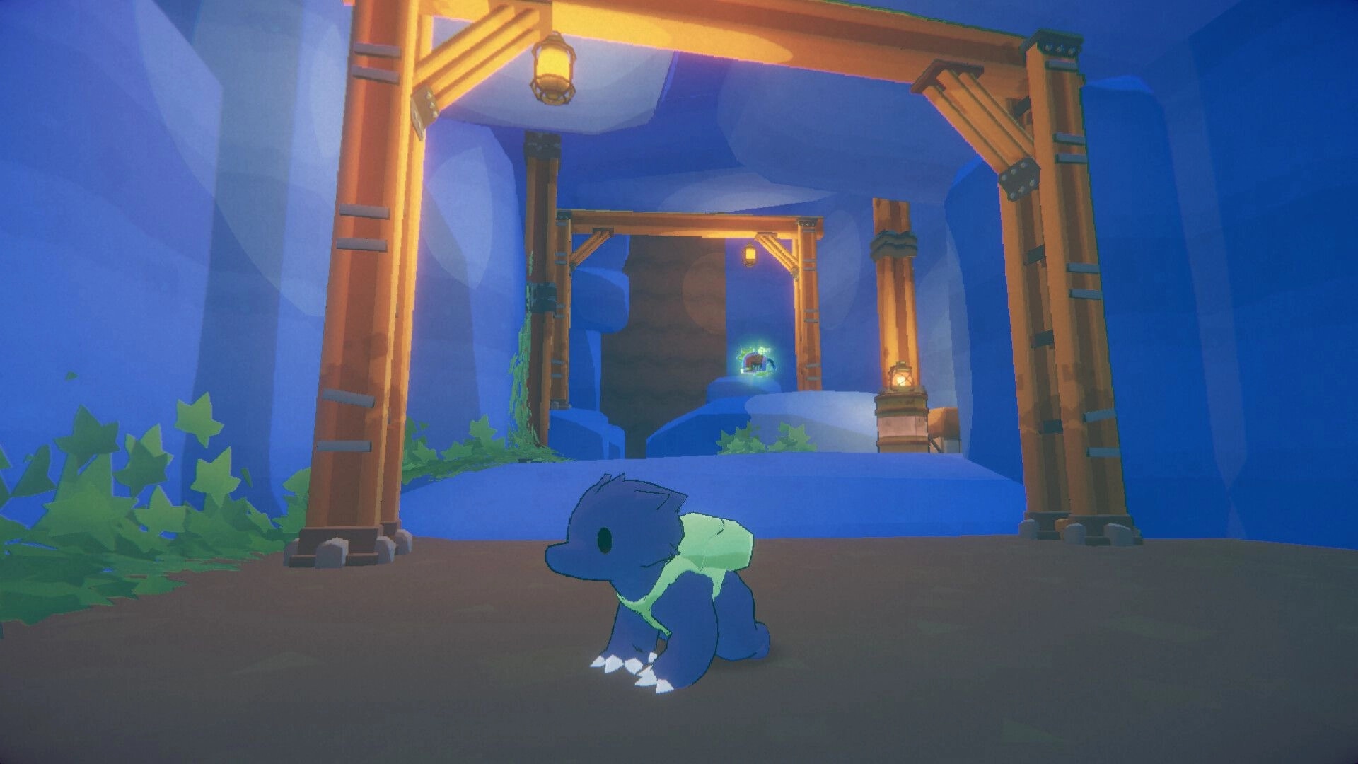 Tony The Mole: Tony crawls through a lantern-lit cave with wooden supports and a glowing chest ahead.