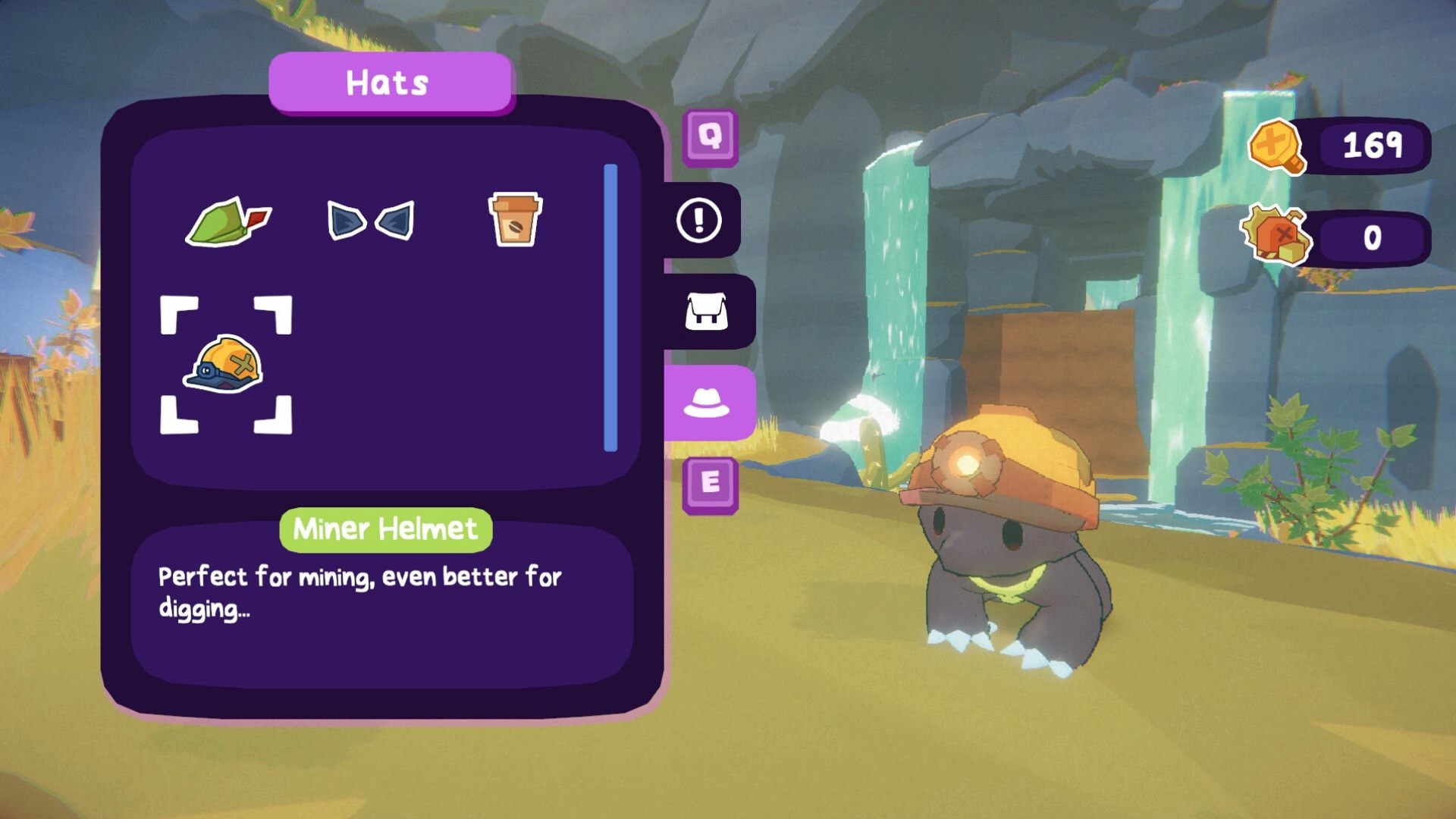 Tony The Mole: Hats inventory open highlighting Miner Helmet as Tony stands by rocky waterfalls outdoors.