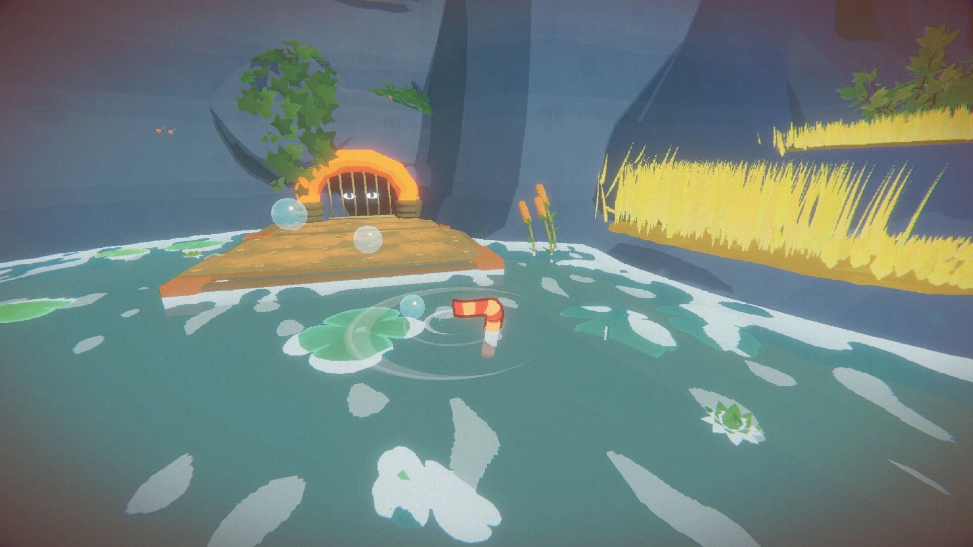 Tony The Mole: Floating in a pond near a barred tunnel entrance, lily pads and reeds by cliffs.