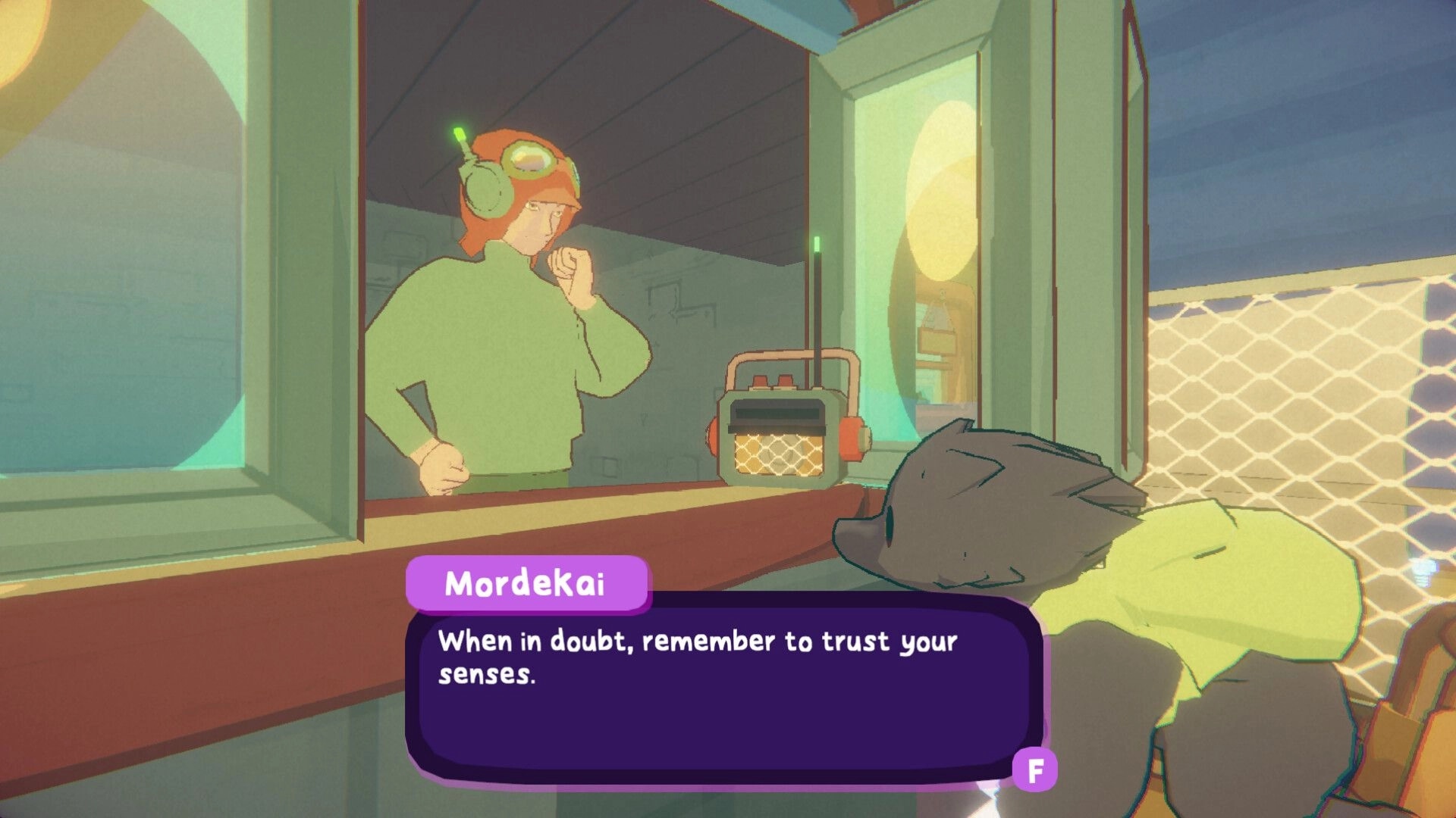 Tony The Mole: Dialogue with Mordekai at a booth window, radio on counter, prompt to press F outside.
