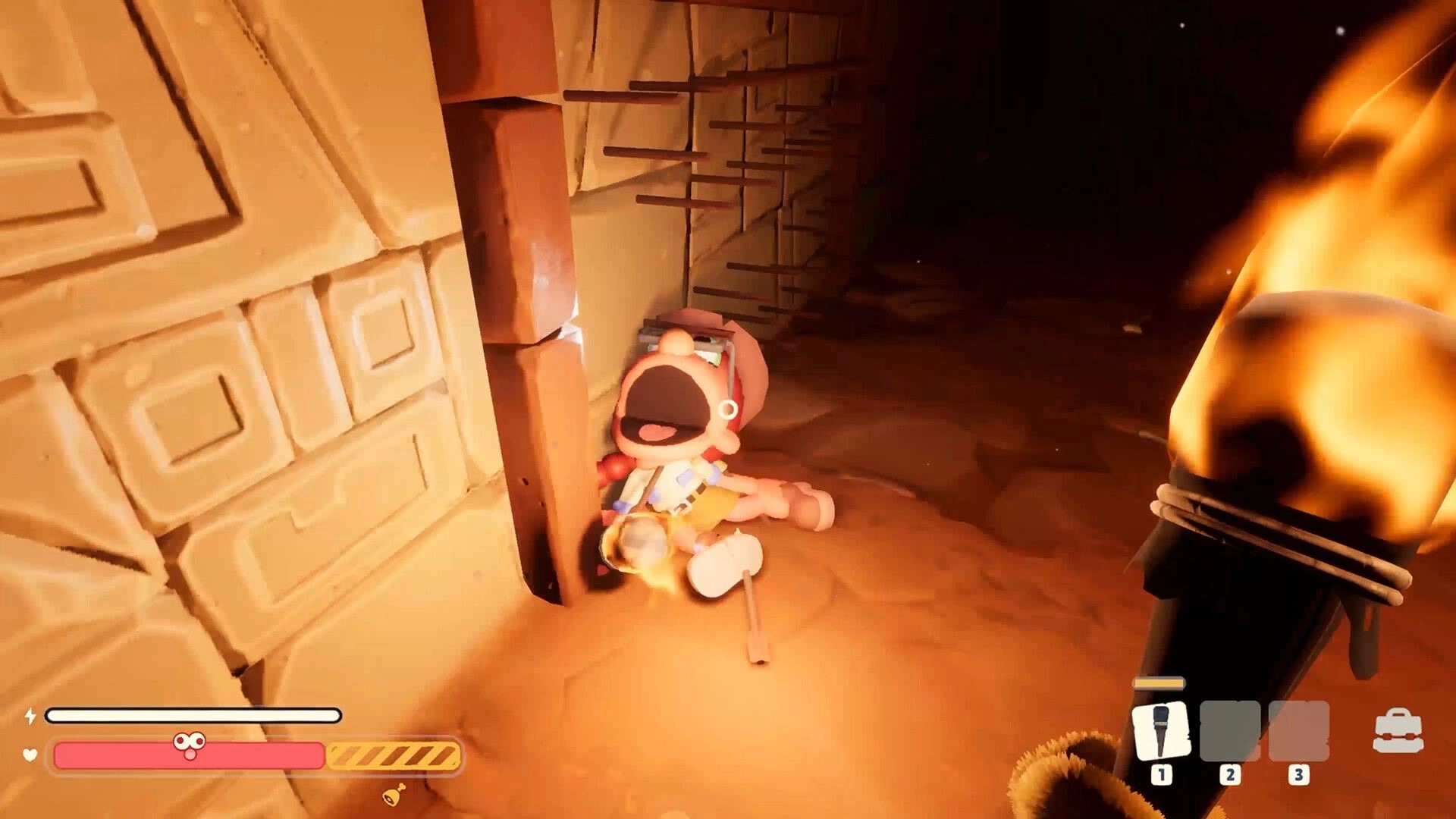 Too Deep To Quit: Downed explorer slumped by a pillar, torchlit stone corridor with HUD and items bar.