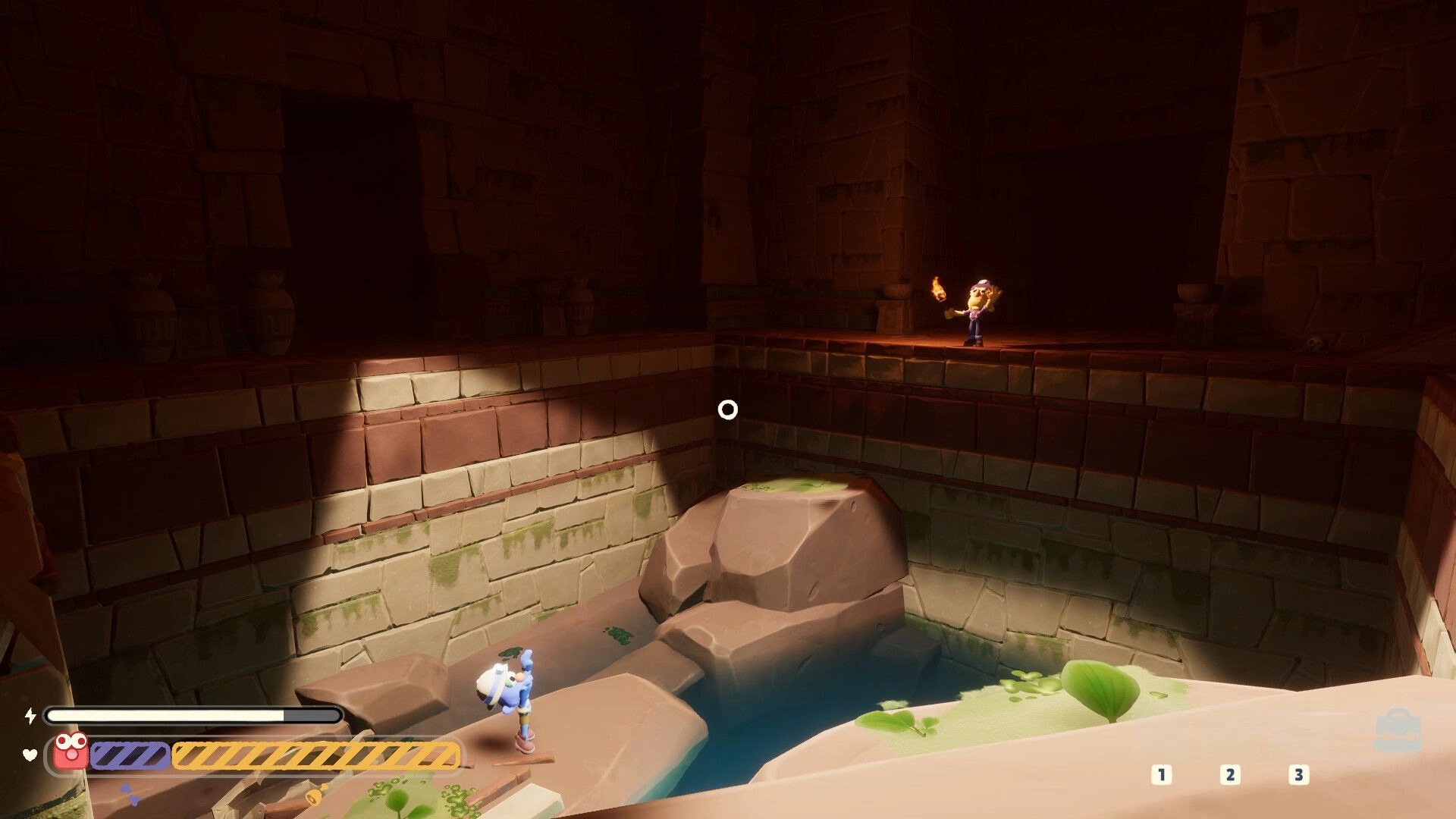 Too Deep To Quit: Two explorers by a water pit with torchlight in a brick temple chamber HUD visible.
