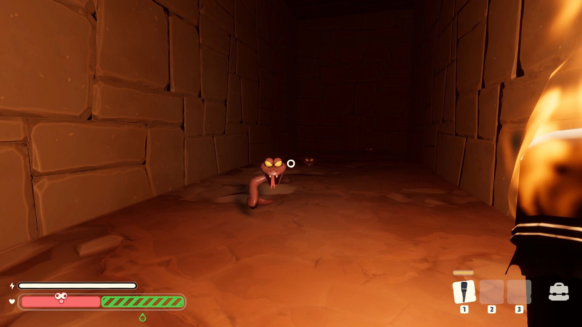 Too Deep To Quit: First-person torchlight aims at a snake enemy in a dark stone corridor dungeon.