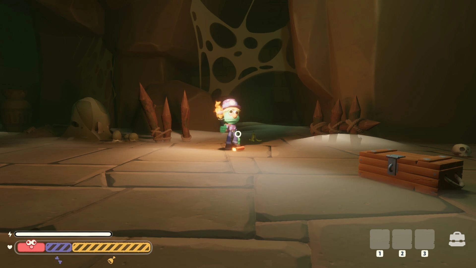Too Deep To Quit: Explorer holding a torch in a cavern temple room with skulls, spikes, and chest UI.
