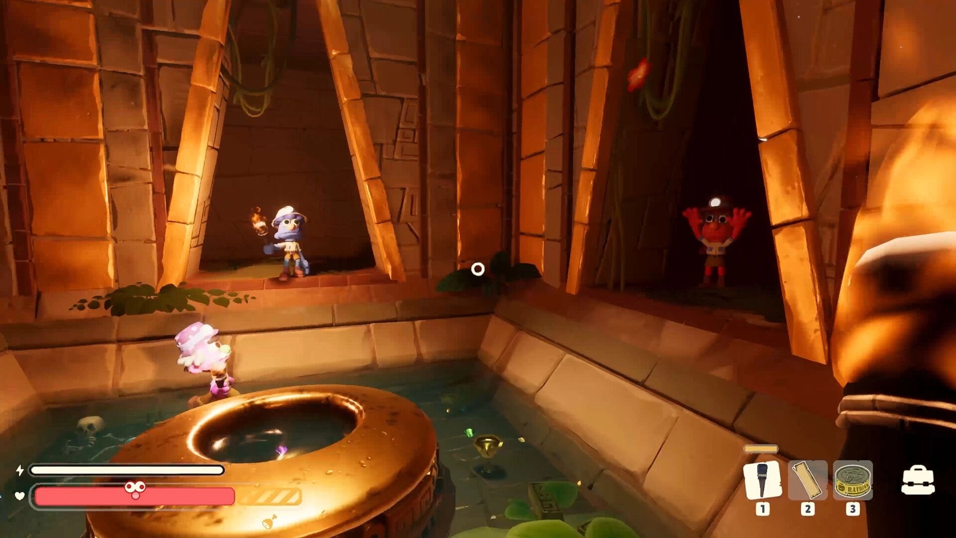 Too Deep To Quit: Co-op explorers in torchlit temple pool room with health bar and item hotbar UI.