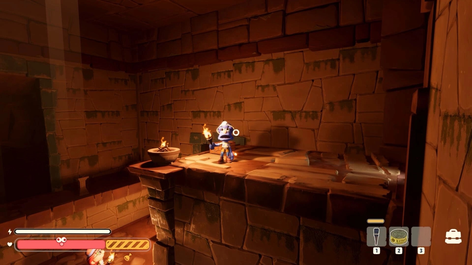 Too Deep To Quit: Blue explorer holds a torch on a stone ledge in a dim temple chamber with HUD icons.