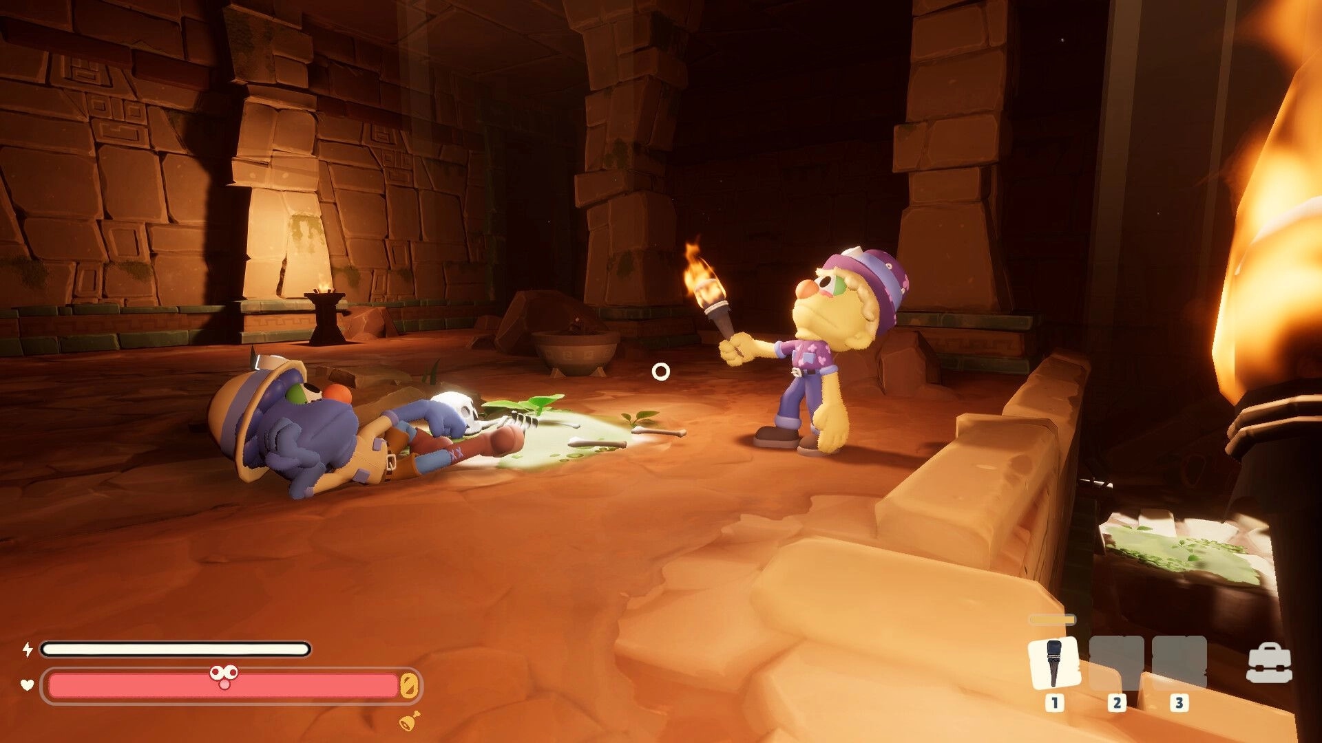Too Deep To Quit: Explorer holds a torch beside a fallen teammate in a dim stone temple corridor UI visible.