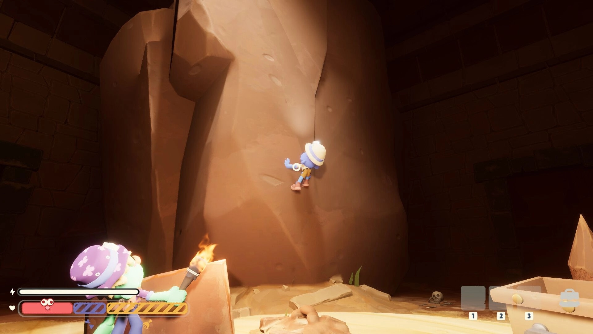 Too Deep To Quit: Co-op explorers climbing a rock wall in a torchlit temple chamber with HUD bars.