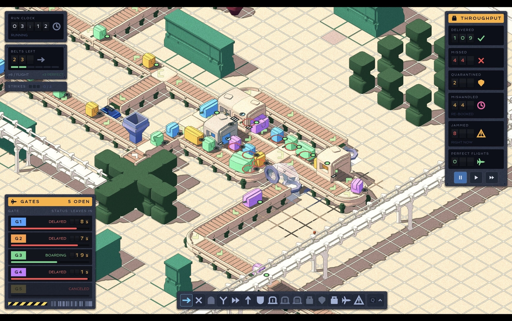Too Much Baggage: Conveyor belt network routing colorful luggage past scanners with gates and throughput UI.