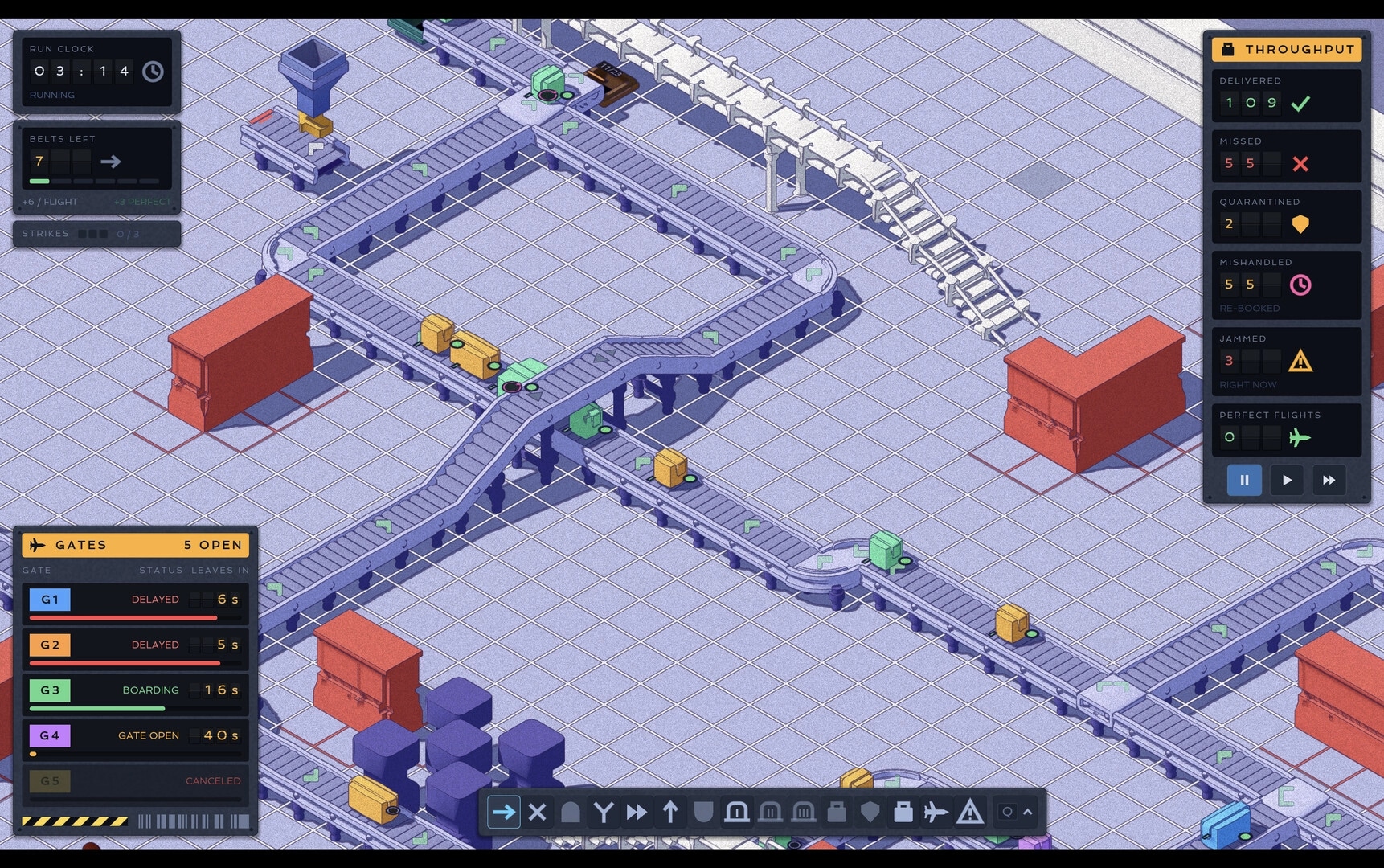 Too Much Baggage: Conveyor belt maze routing colored luggage with throughput and gates panels on grid floor.