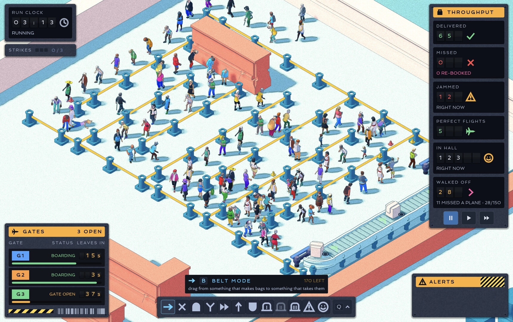 Too Much Baggage: Belt mode routing queue posts in busy terminal with throughput, gates, and alerts UI.