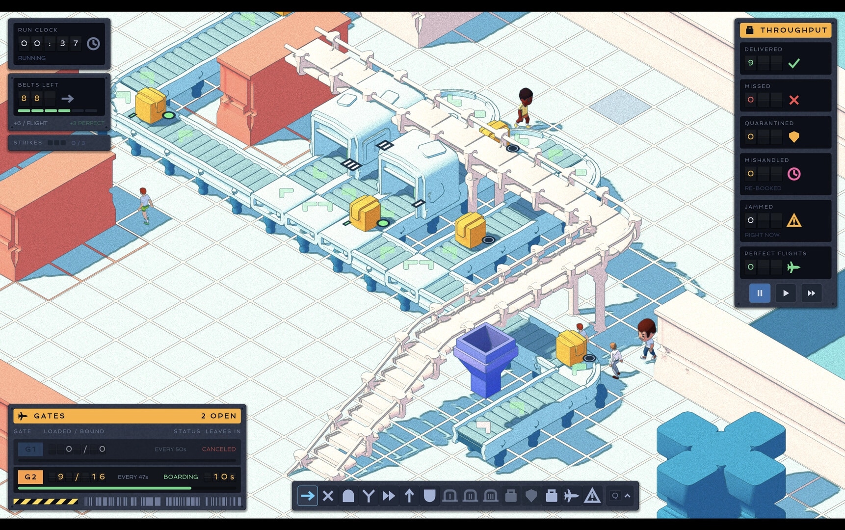 Too Much Baggage: Routing suitcases on conveyor belts through scanners in isometric airport UI view.