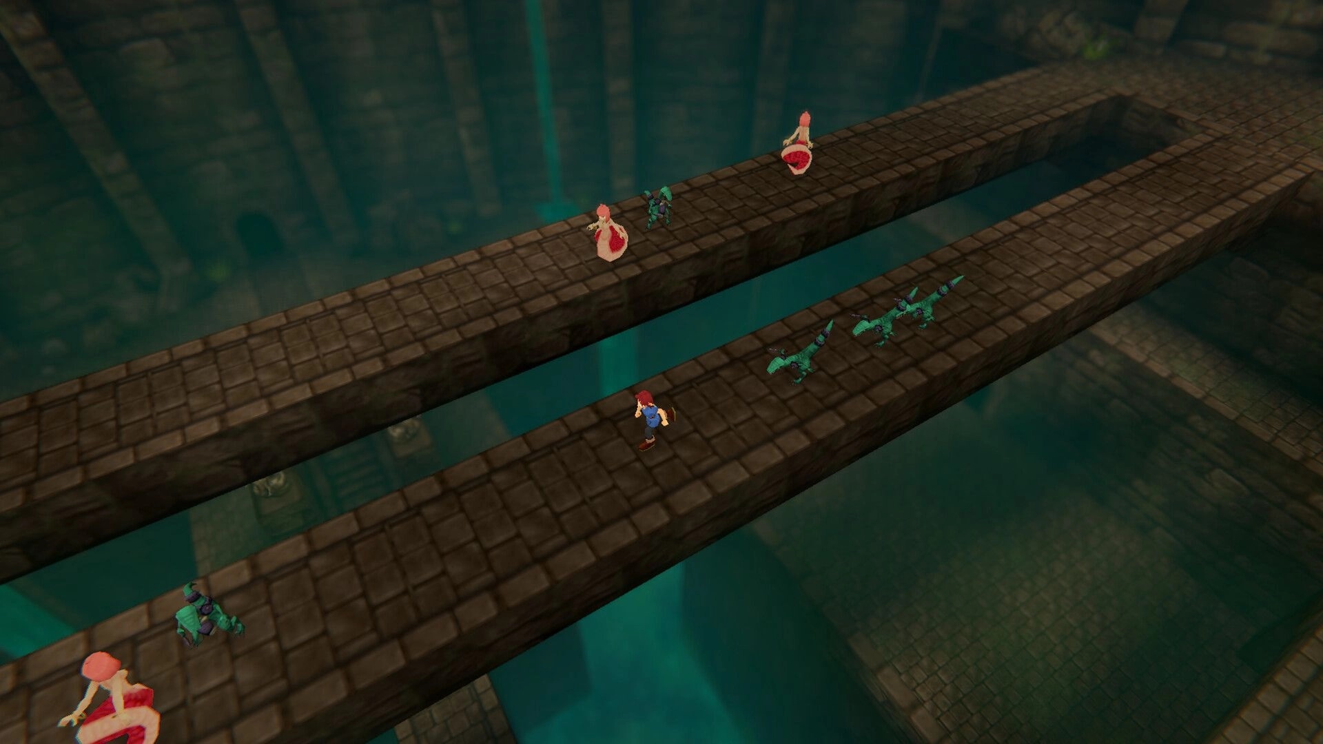 Torebia: Player runs along stone bridges over flooded ruins while lizards and robed foes patrol nearby.