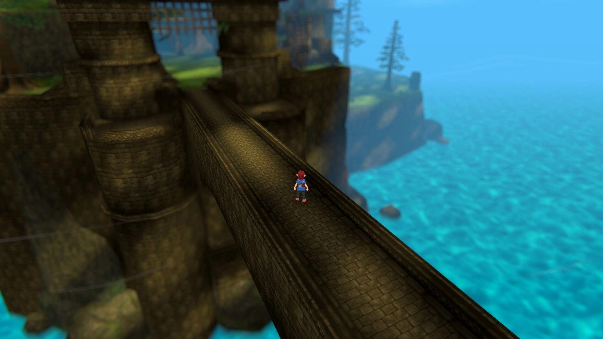 Torebia: Adventurer stands on a stone bridge by a cliffside fortress above bright blue sea.