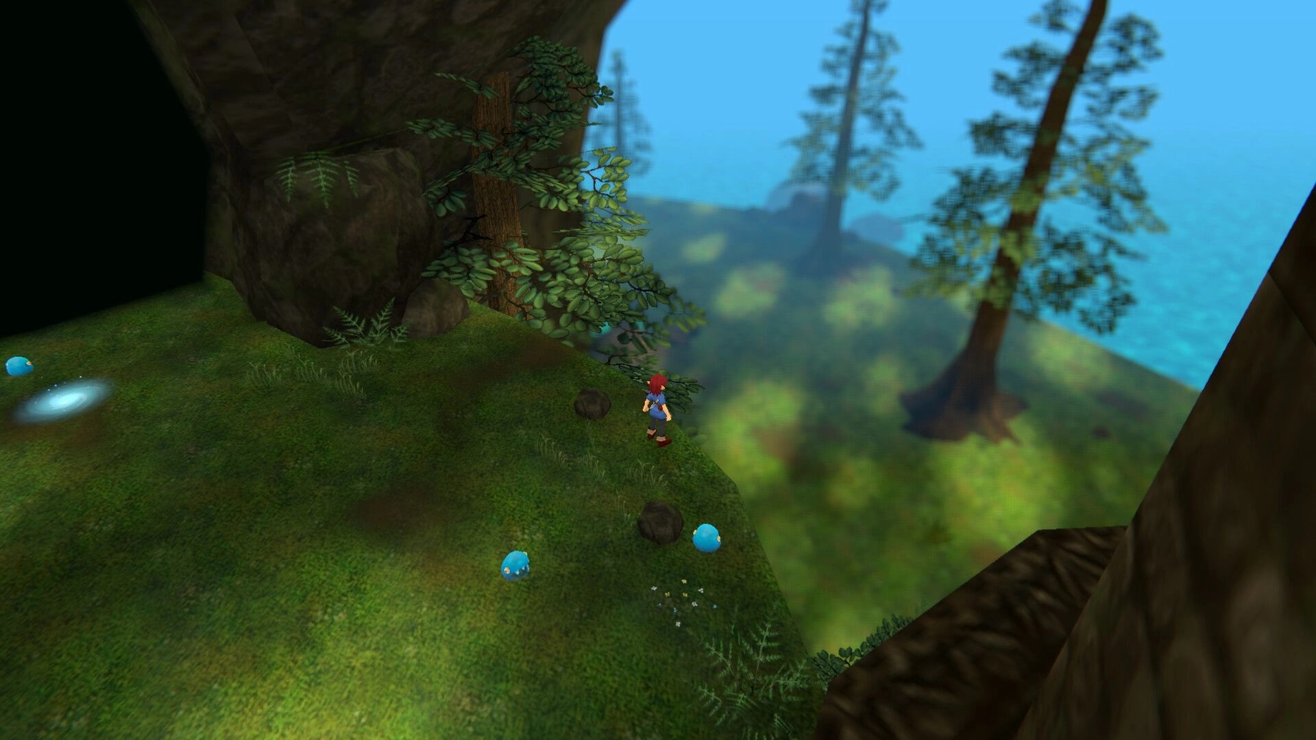 Torebia: Red-haired adventurer on grassy cliff near rocks and blue slimes in misty forest valley.