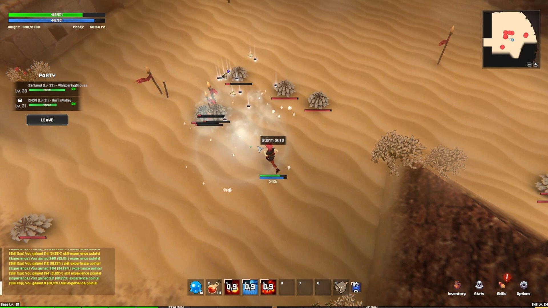 Torebia: Player casts Storm Gust on desert mobs, with party panel, minimap, and hotbar UI.