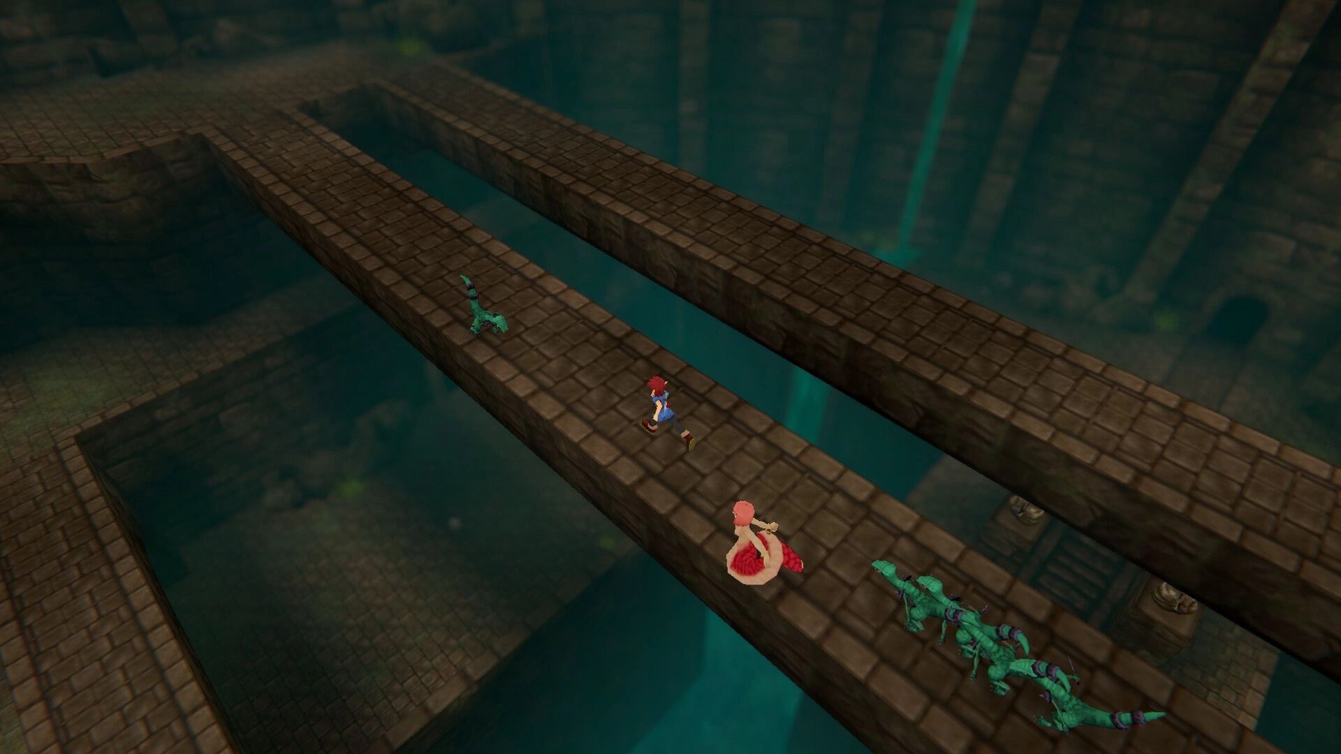 Torebia: Party runs across narrow stone bridges over a deep flooded dungeon with lizard enemies ahead.