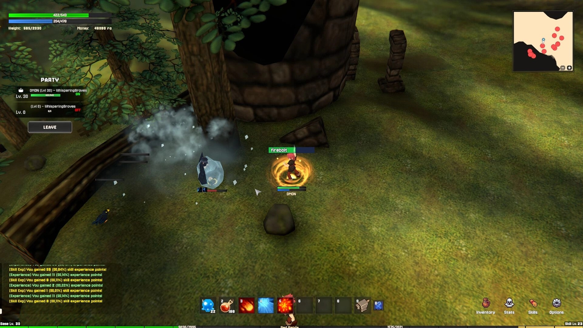 Torebia: DMON casts Firebolt at an ice-bound foe near stone ruins, with party panel and minimap UI.