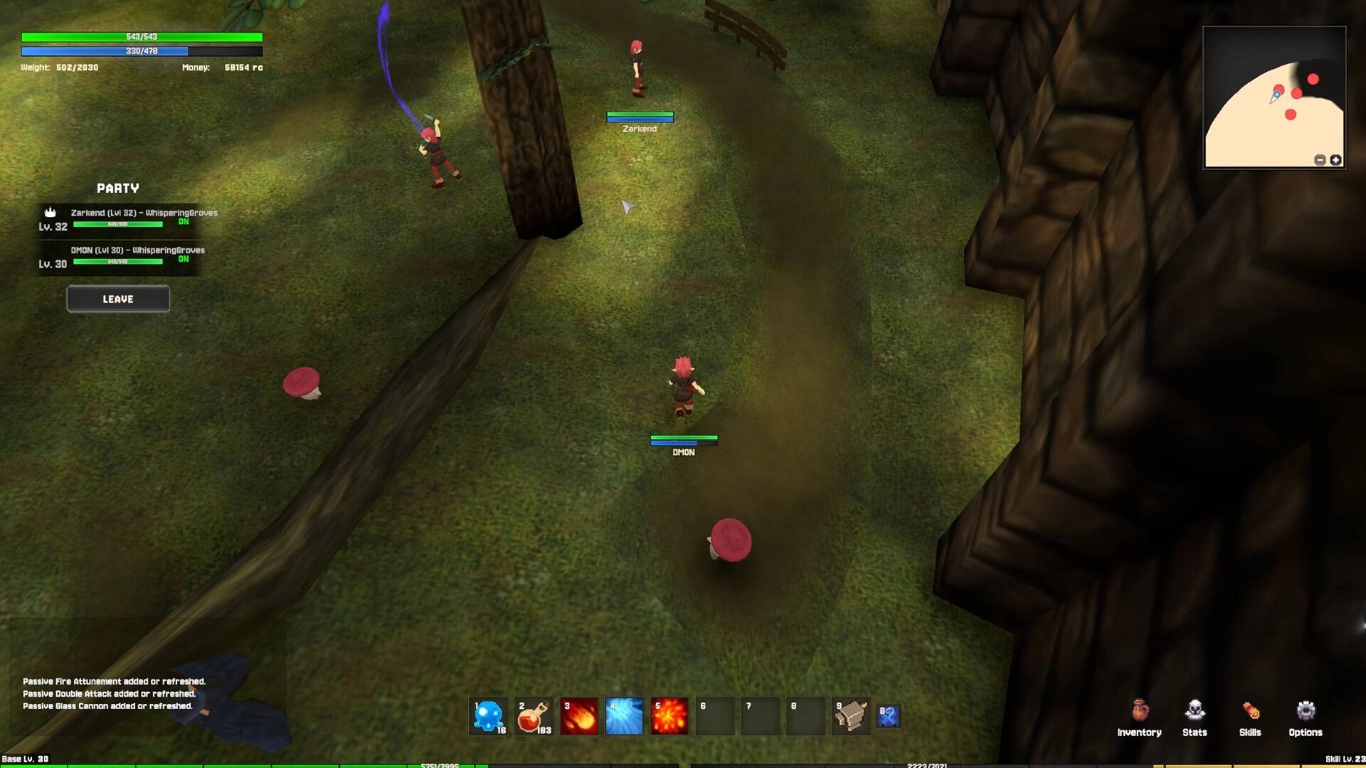 Torebia: Party members Zarkend and DMON explore grassy canyon path with minimap and hotbar UI.