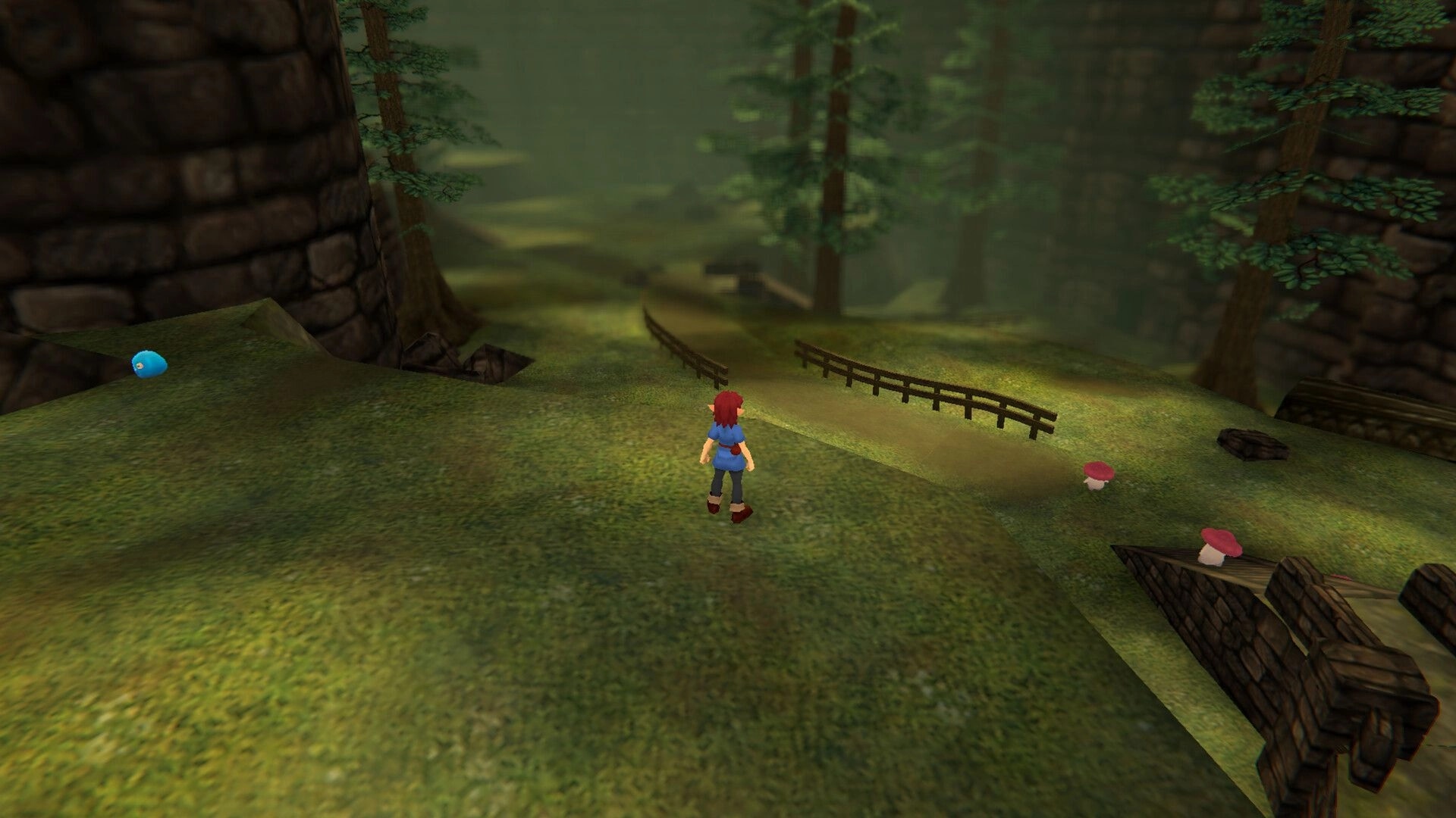 Torebia: Red-haired adventurer overlooks a forest path with fences, cliffs, and mushrooms nearby.