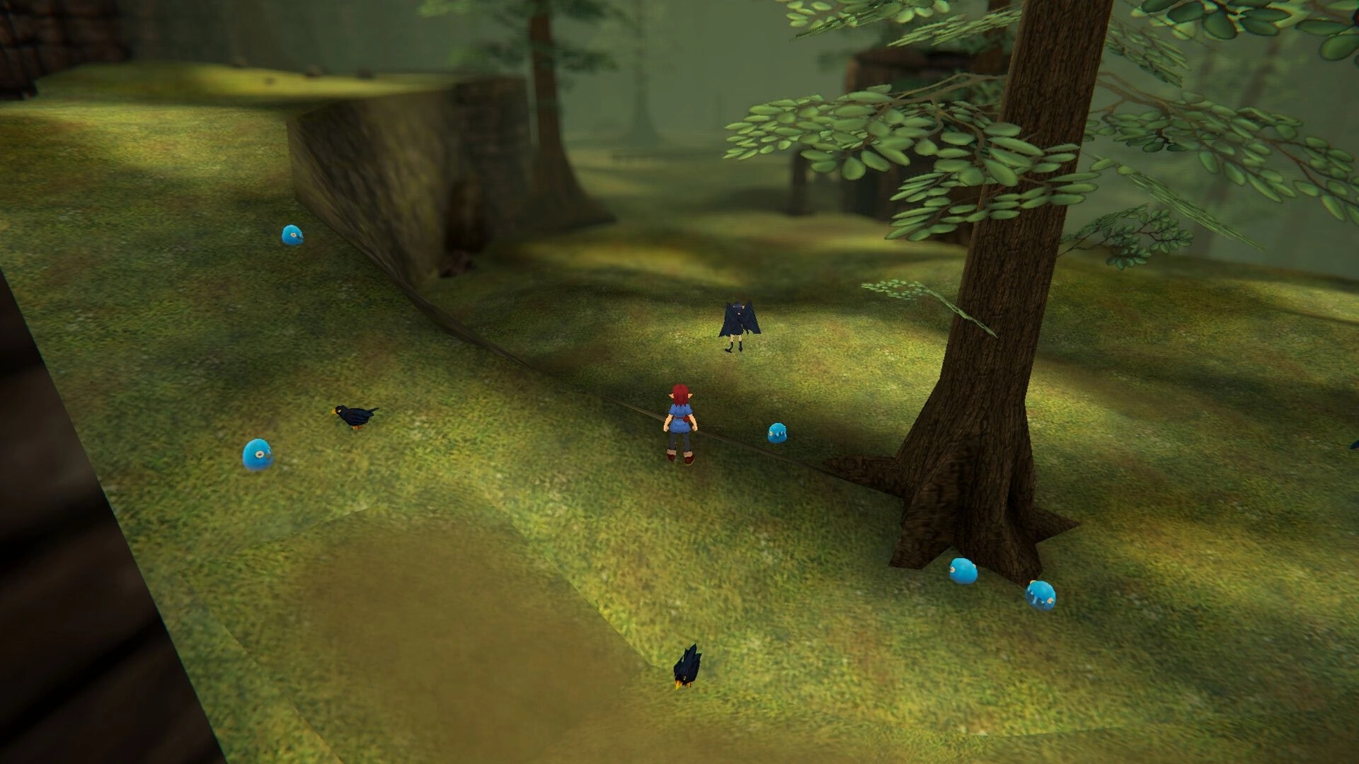 Torebia: Red-haired adventurer faces blue slimes and crows on a grassy forest clearing by trees.