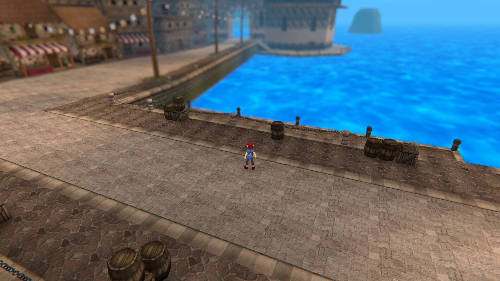 Torebia: Red-haired adventurer stands on stone dock by barrels and crates beside bright blue harbor water.
