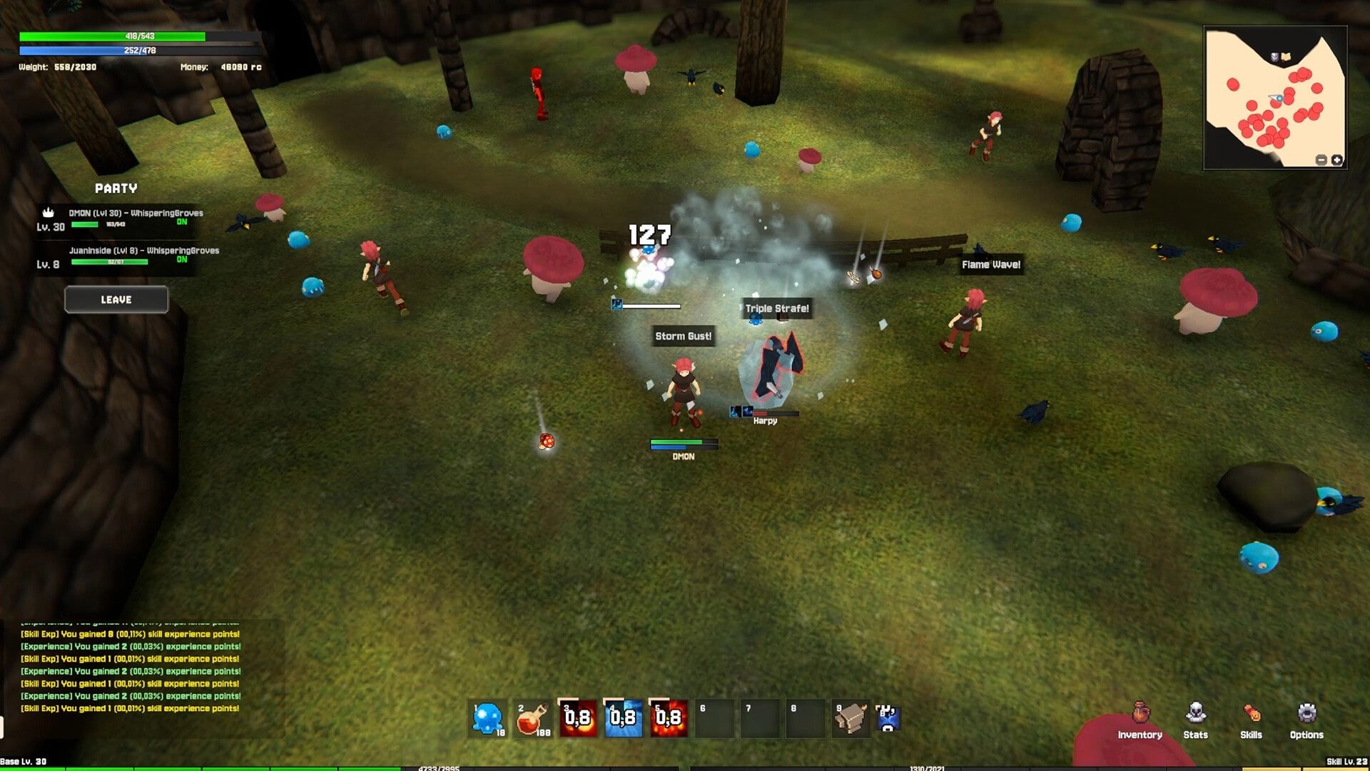 Torebia: Party battles a harpy with Storm Gust and Triple Strafe in a grassy ruin arena UI.