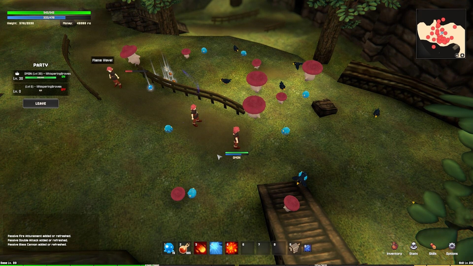 Torebia: Party battle casting Flame Wave in mushroom grove, with minimap, hotbar, and stats UI.