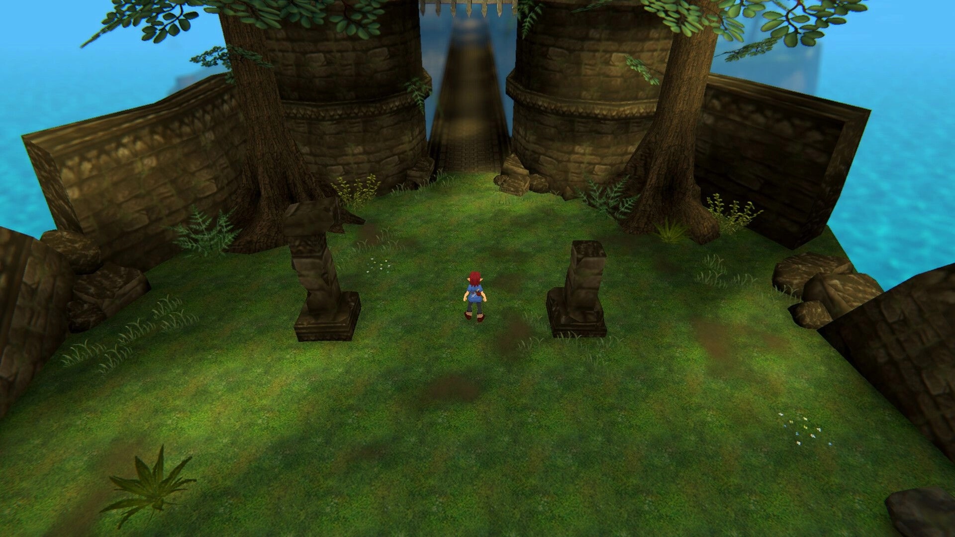 Torebia: Red-haired adventurer stands in grassy stone ruin courtyard between broken statues and towers.