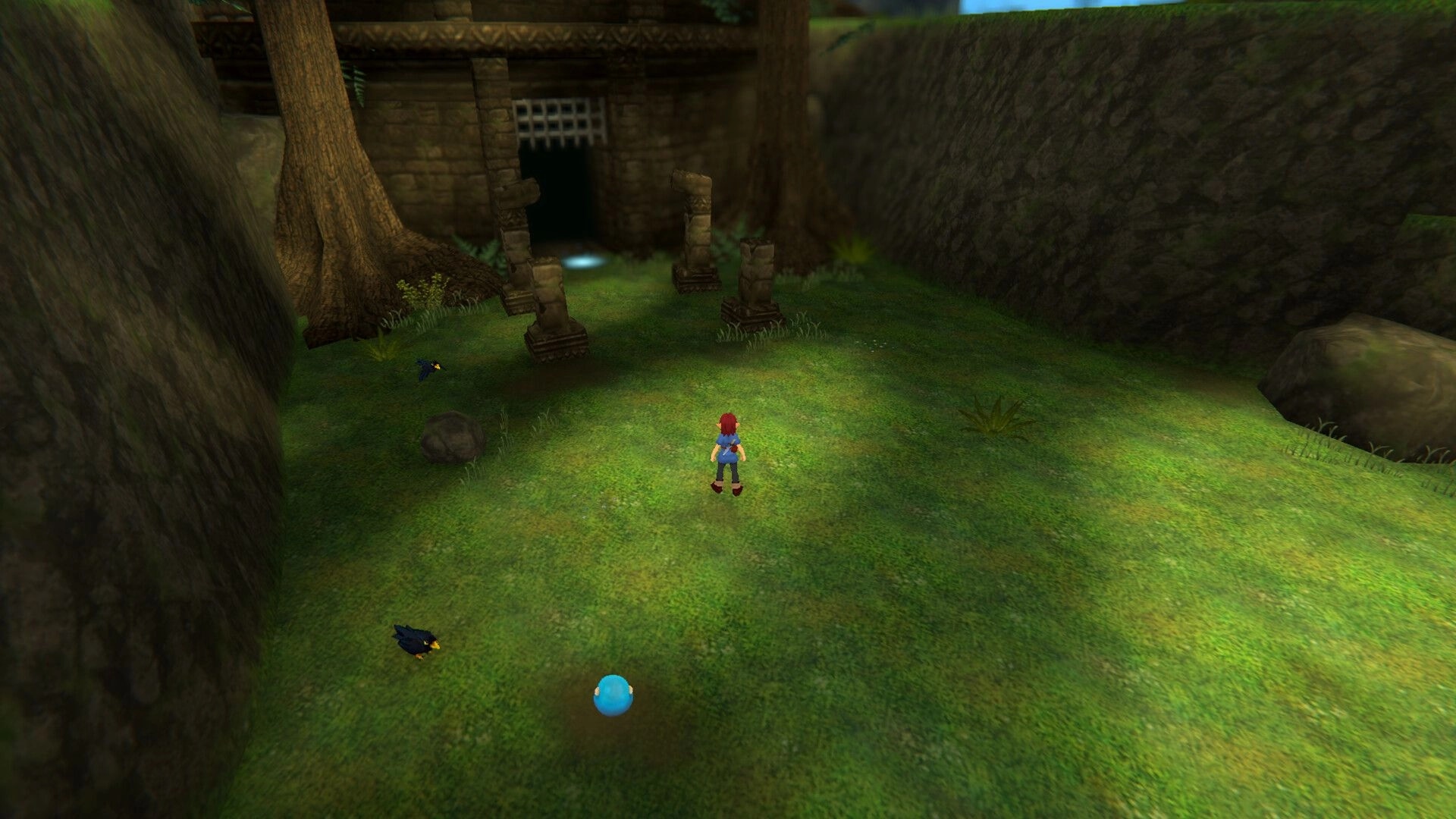 Torebia: Adventurer stands in grassy clearing near stone ruins and a gated cave entrance, birds nearby.