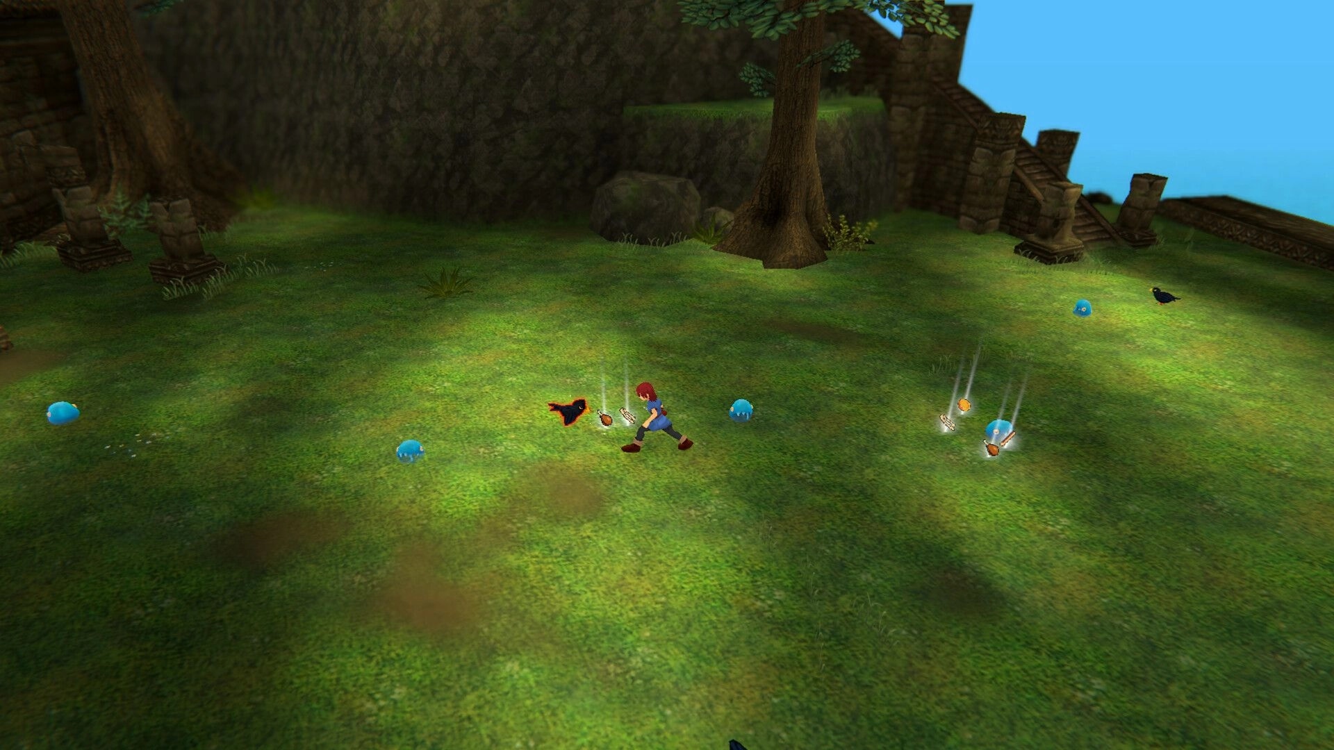 Torebia: Red-haired adventurer fights blue slimes as loot drops on a grassy ruin hillside.
