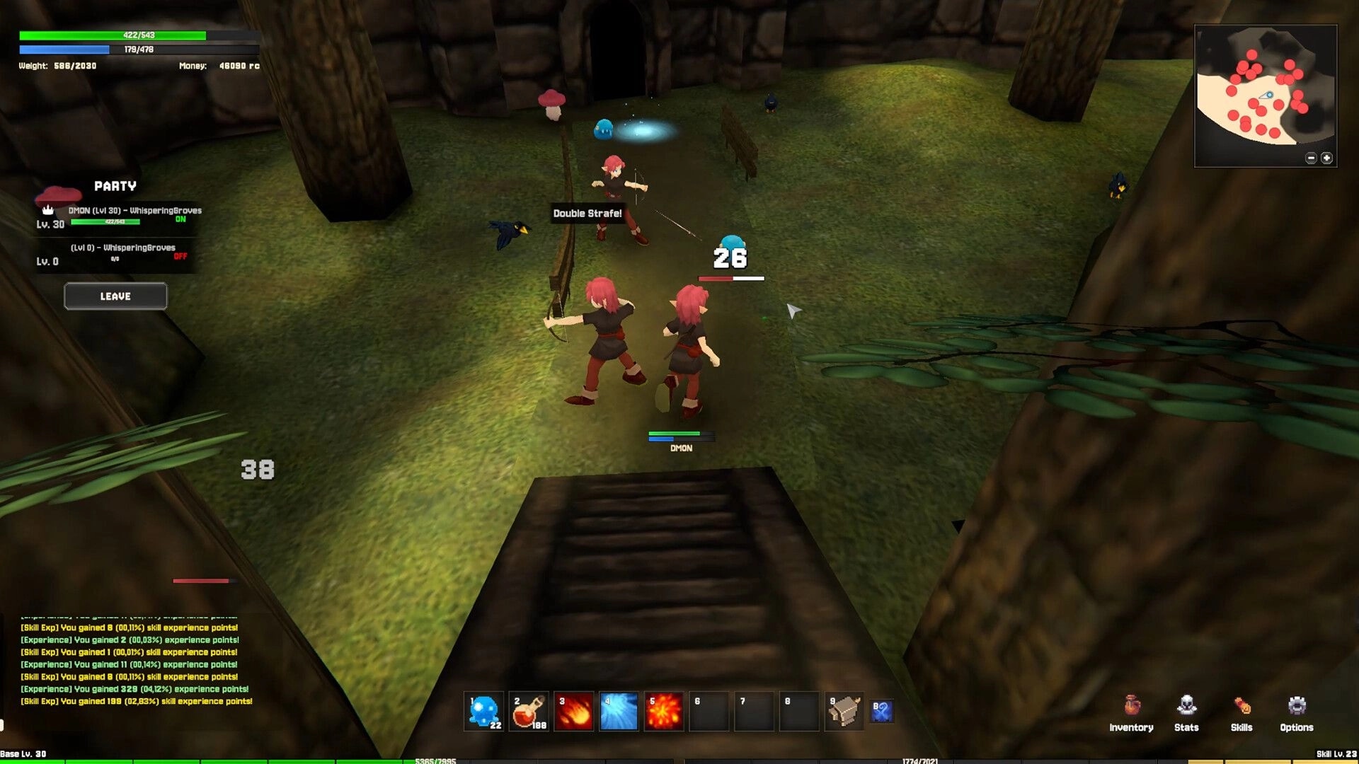 Torebia: Party fights blue slimes with Double Strafe near a cave, HUD bars, minimap, hotbar.