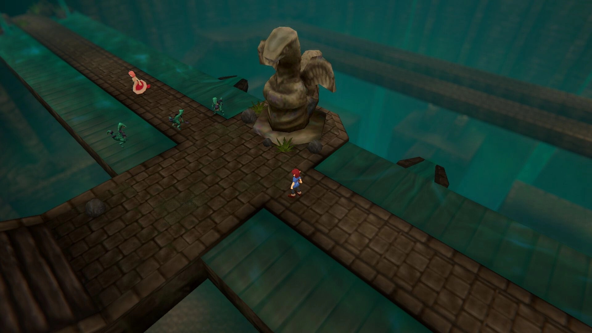 Torebia: Adventurer crosses stone walkway past winged statue in flooded ruins with small goblins nearby.
