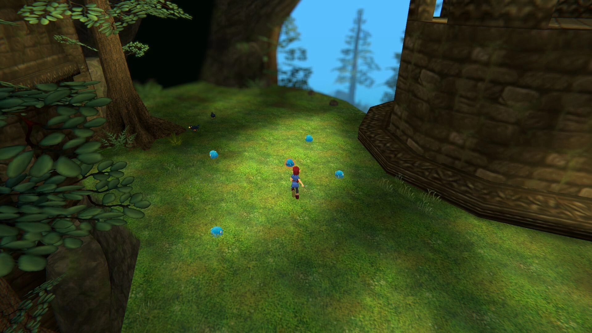 Torebia: Player character approaches blue slime monsters on grassy cliff path beside stone tower.