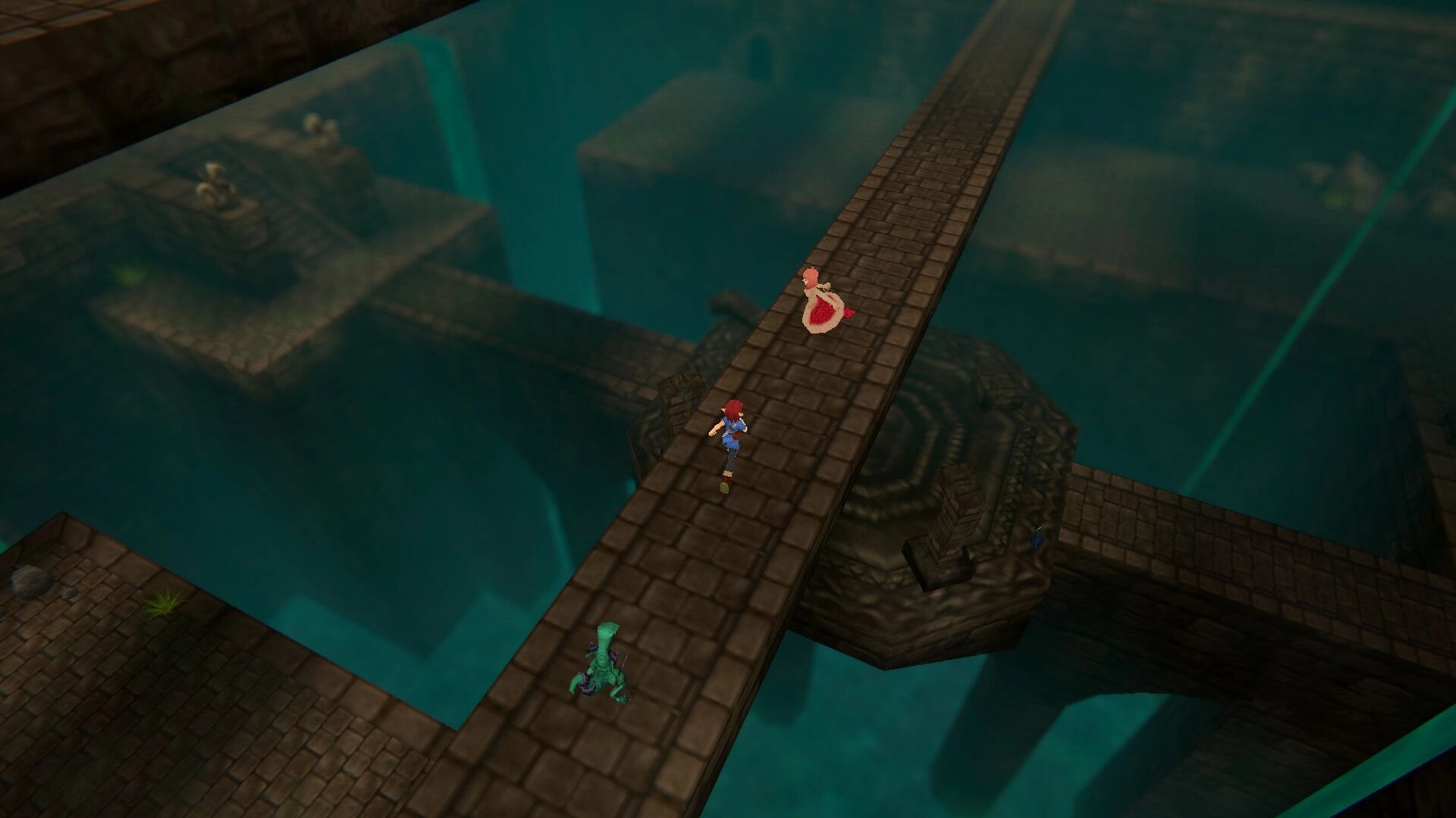 Torebia: Adventurer runs along stone bridges over a flooded ruin as a green monster approaches.