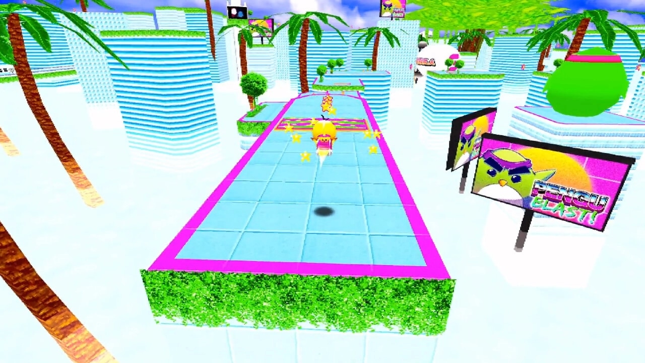 Toree Saturn: Toree collecting stars on a colorful platform with palm trees and vibrant billboards