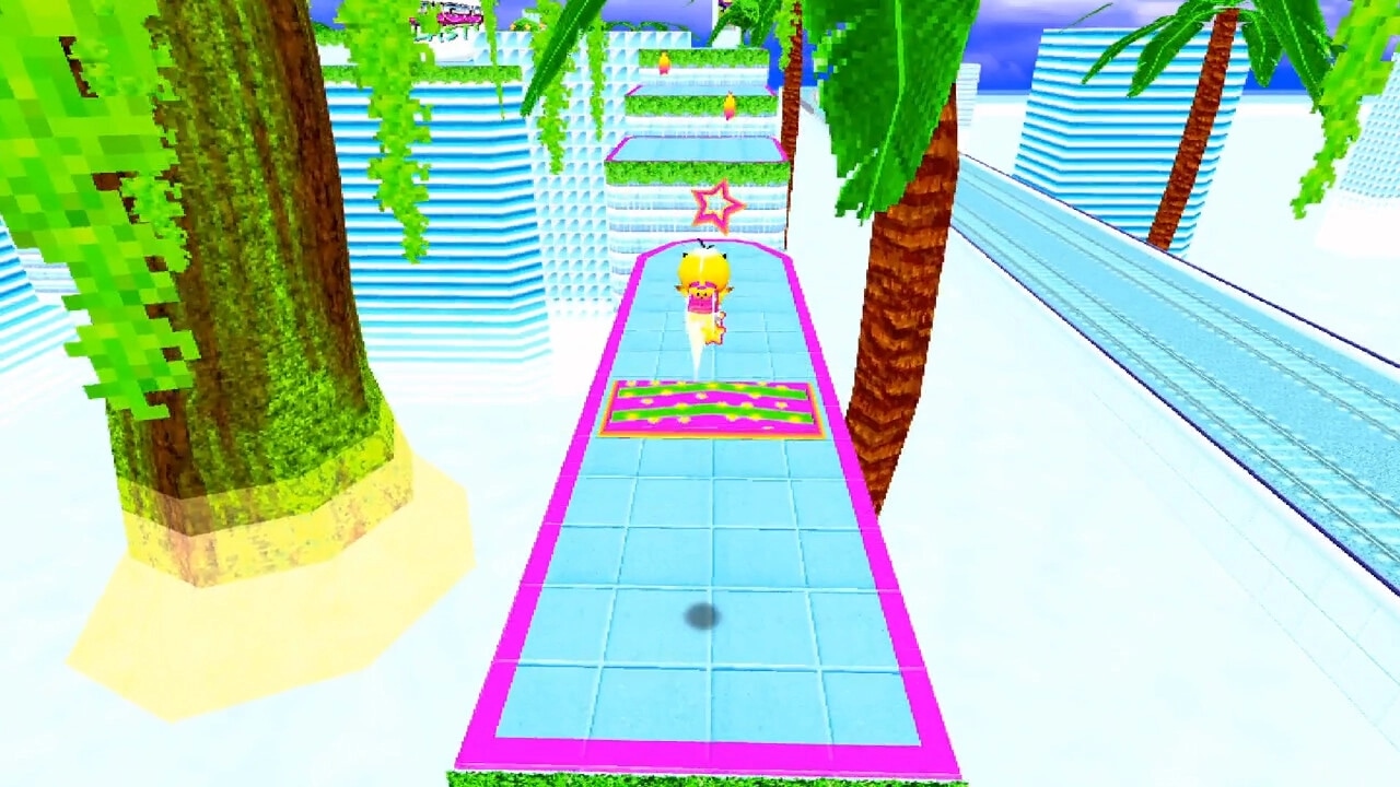 Toree Saturn: Toree jumps on colorful platforms between palm trees in a vibrant island environment