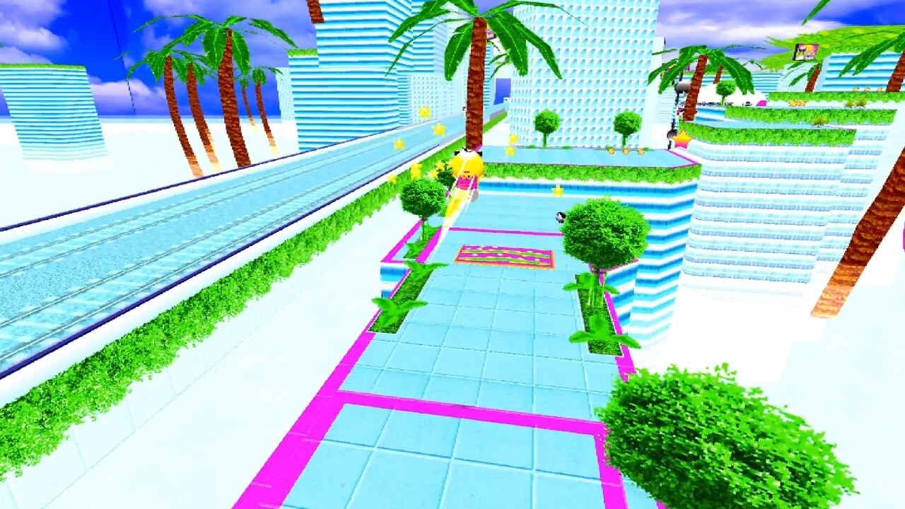 Toree Saturn: Toree running on a colorful platform collecting stars, surrounded by palm trees and stripes