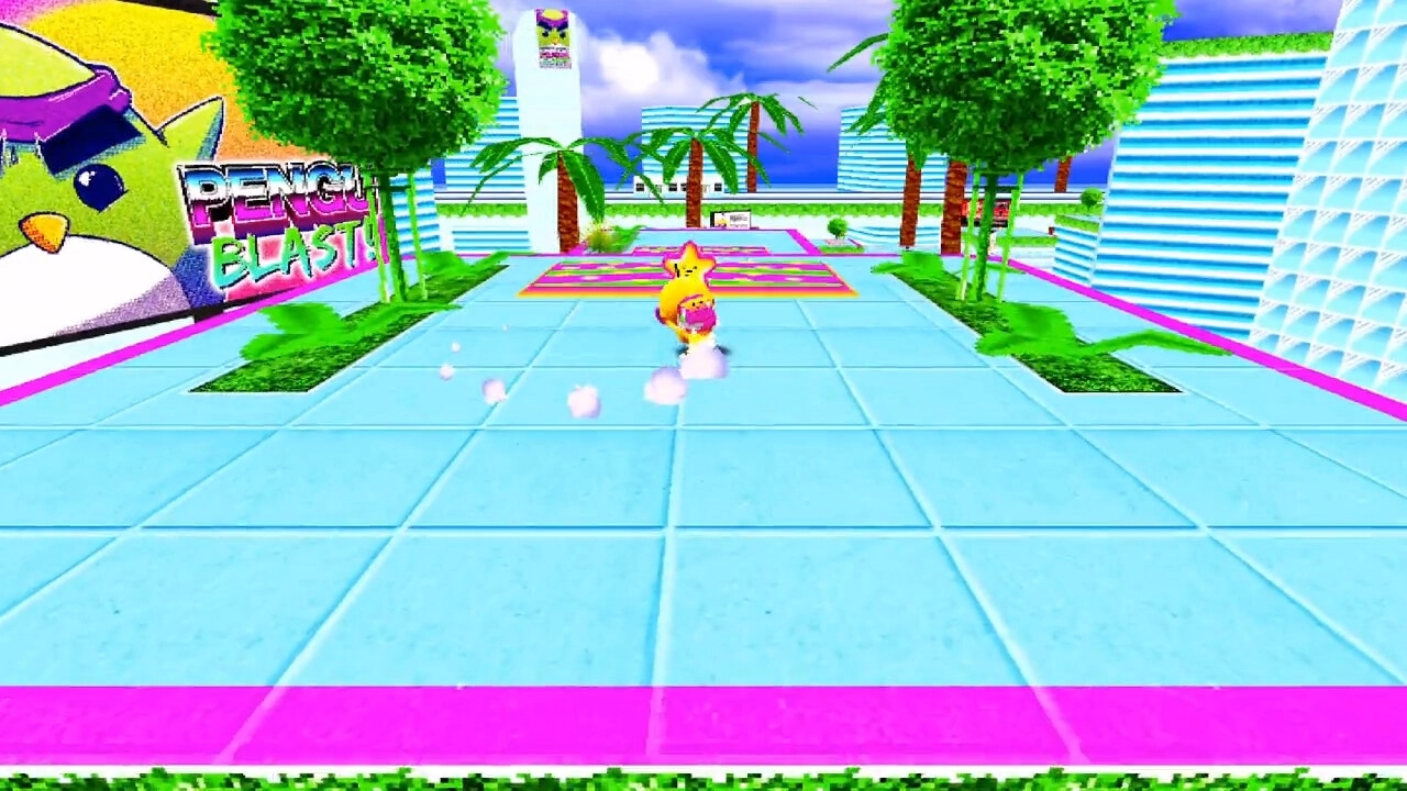 Toree Saturn: Toree dashes on a vibrant path lined with palm trees and colorful advertisements