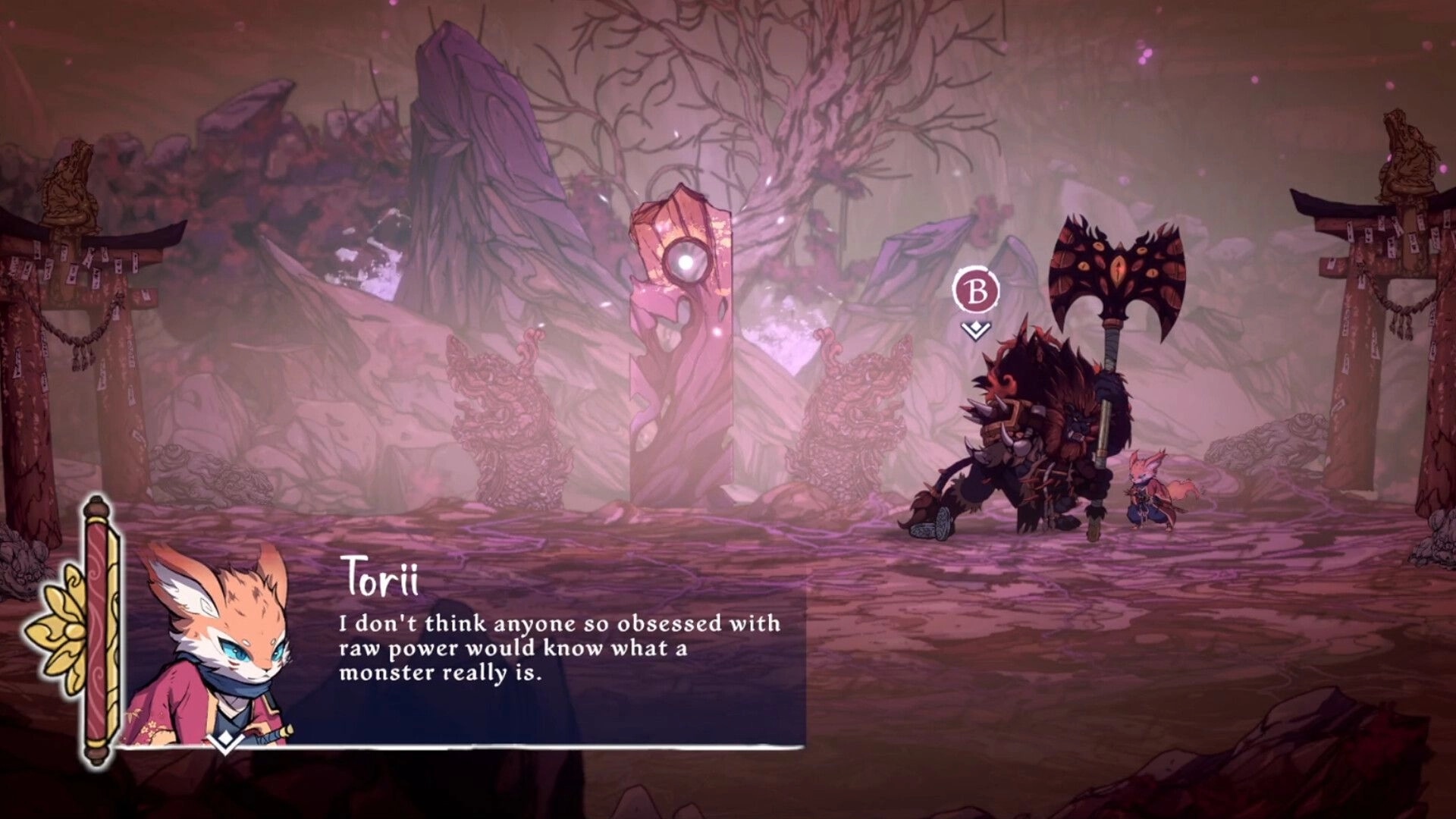 Torii: Dialogue scene with a fox character facing a large creature in a mystical forest environment