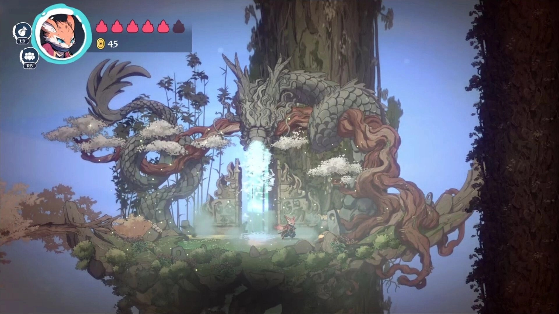 Torii: Character facing large dragon statue in enchanted forest clearing with health and coins visible
