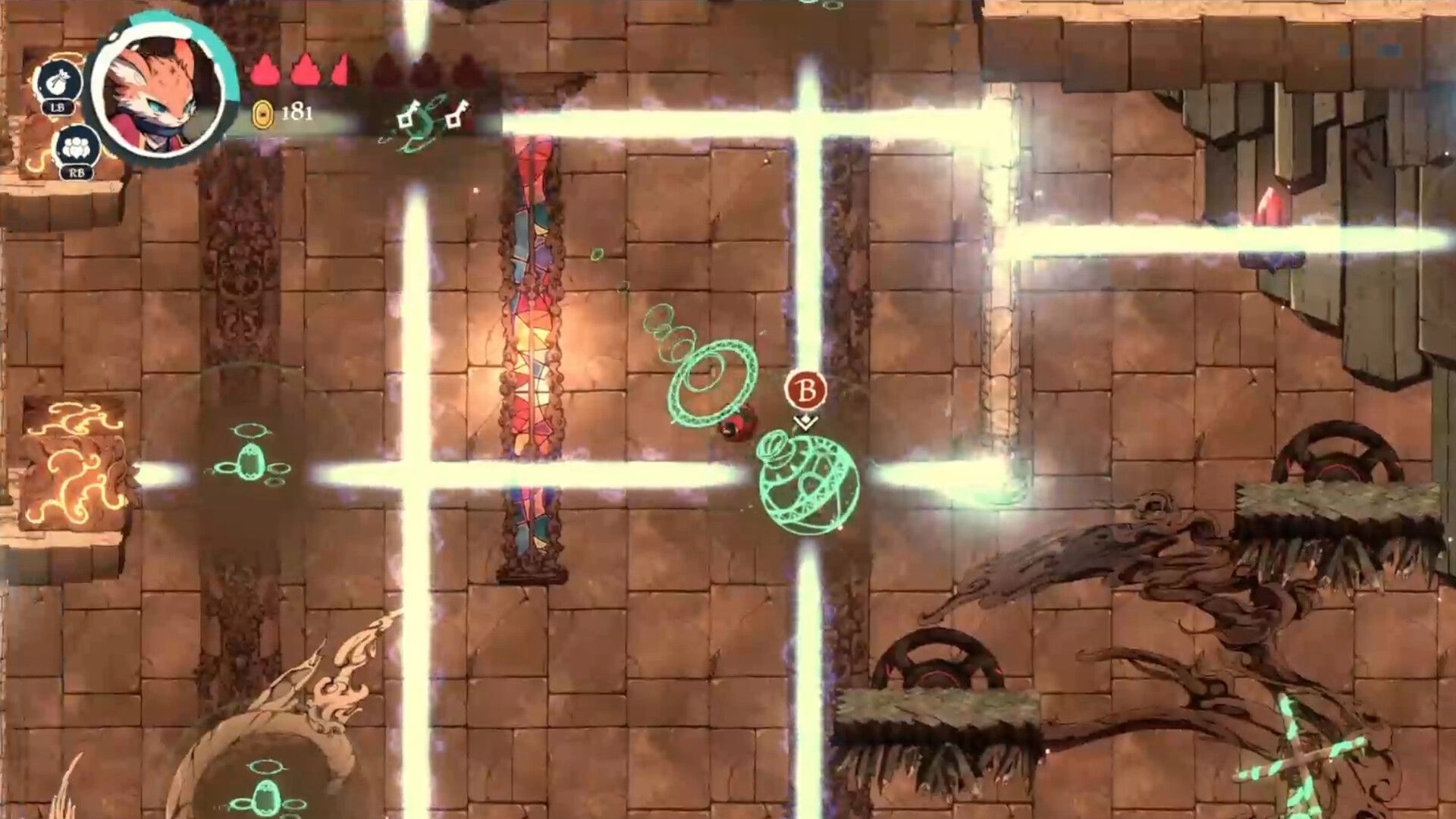 Torii: Character navigates glowing maze with symbols and health indicators on stone floor setting